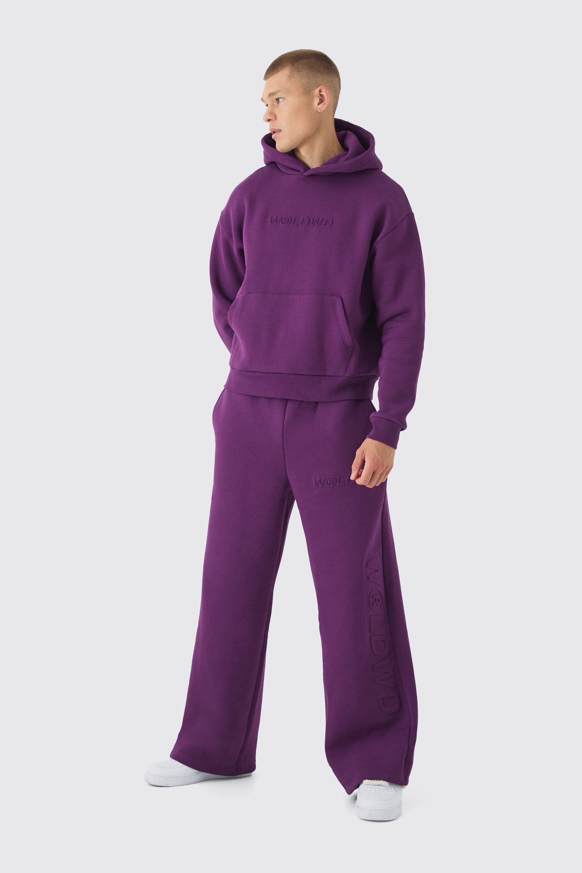 Mens Purple Oversized Boxy Worldwide Emboss Wide Leg Tracksuit, Purple