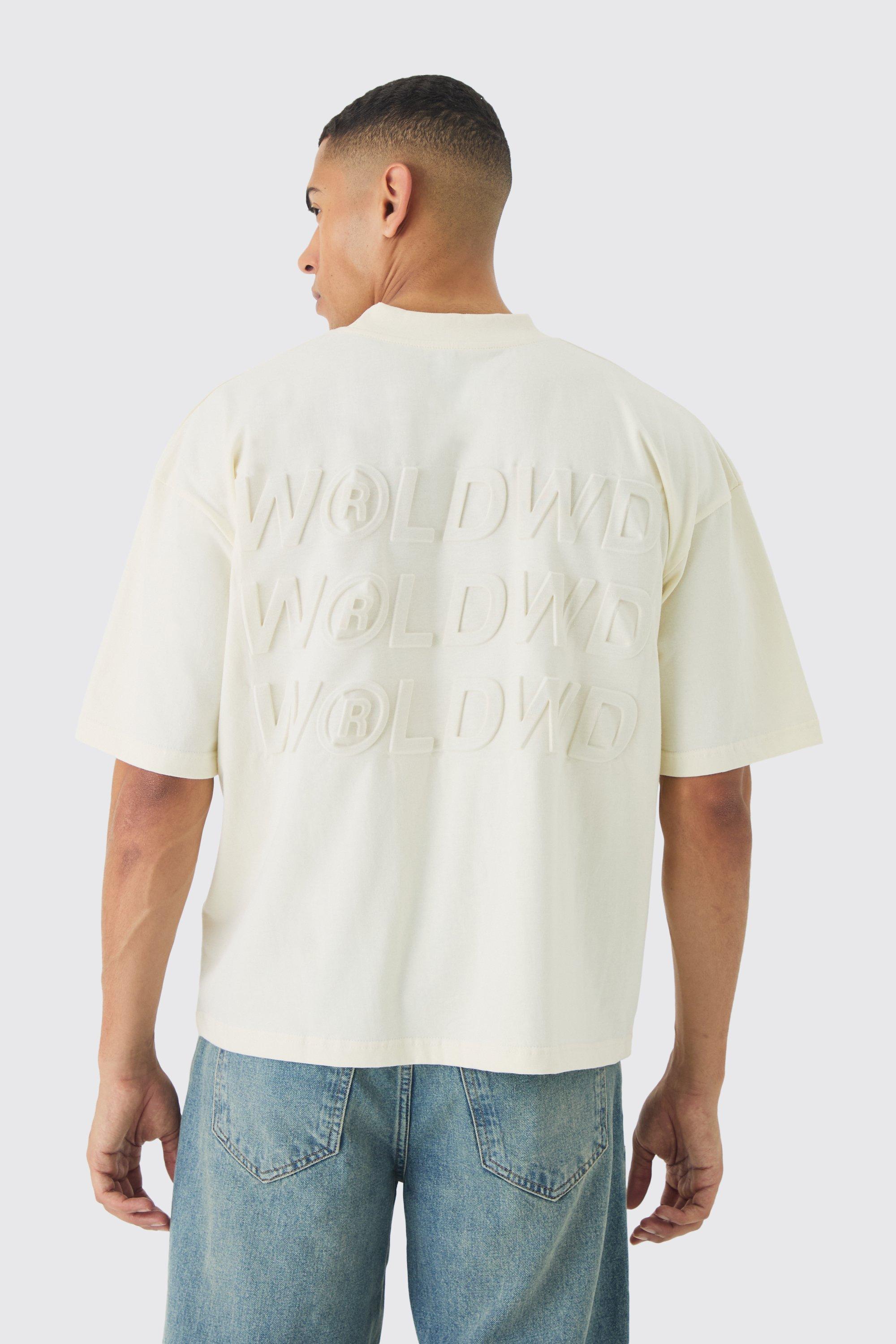 T-shirt squadrata oversize con stampa Worldwide e girocollo esteso, Cream