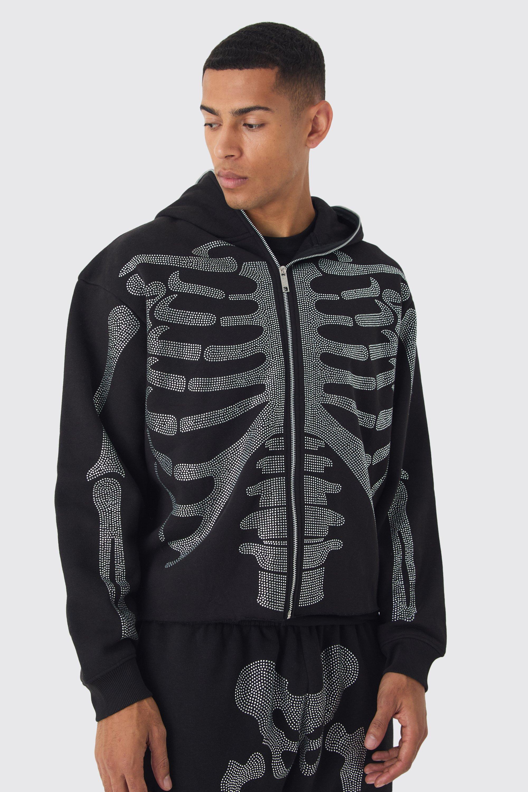 Oversized Boxy Diamante Skeleton Zip Through Hoodie, Nero