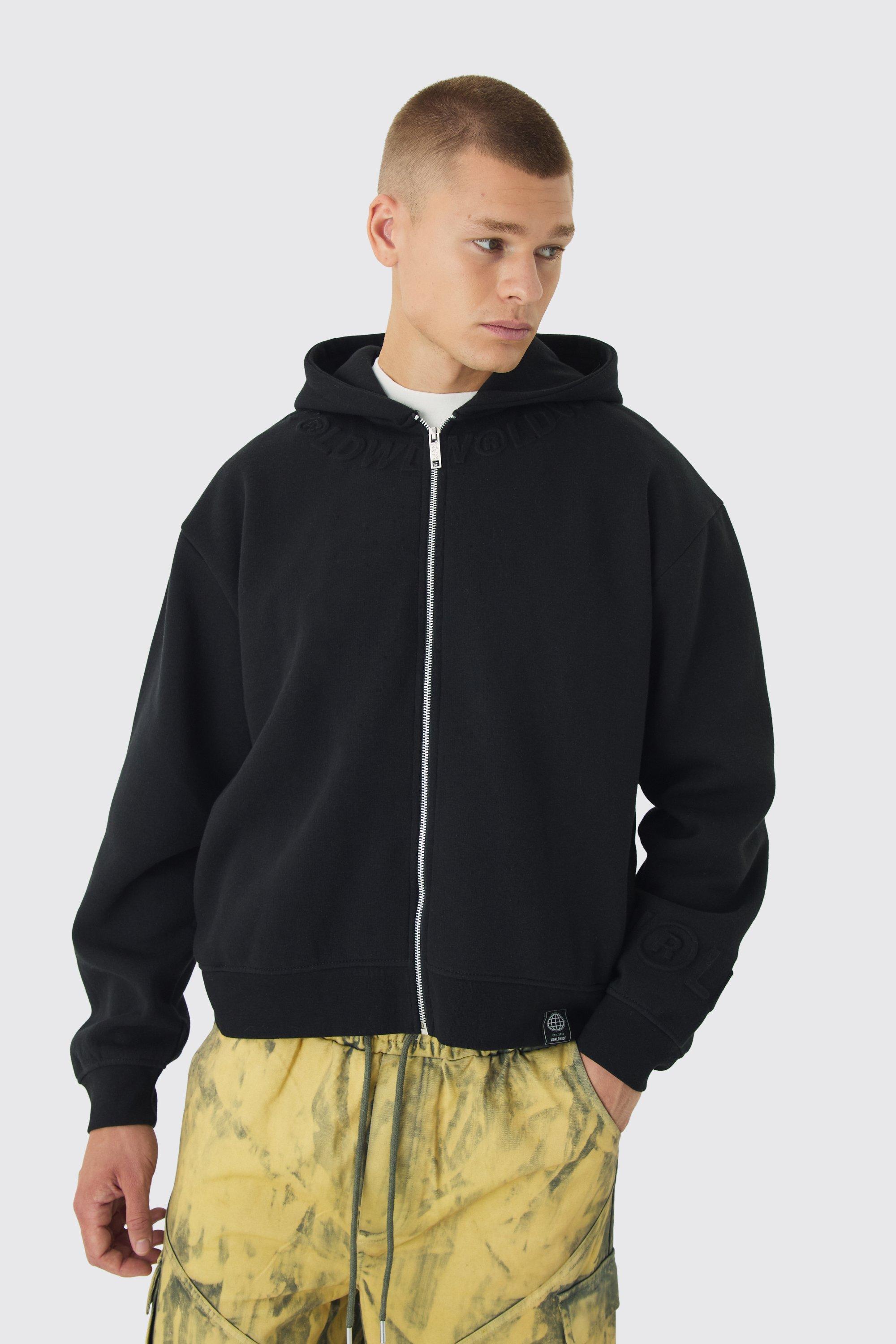 Mens Black Oversized Boxy Worldwide Debossed Zip Through Hoodie, Black