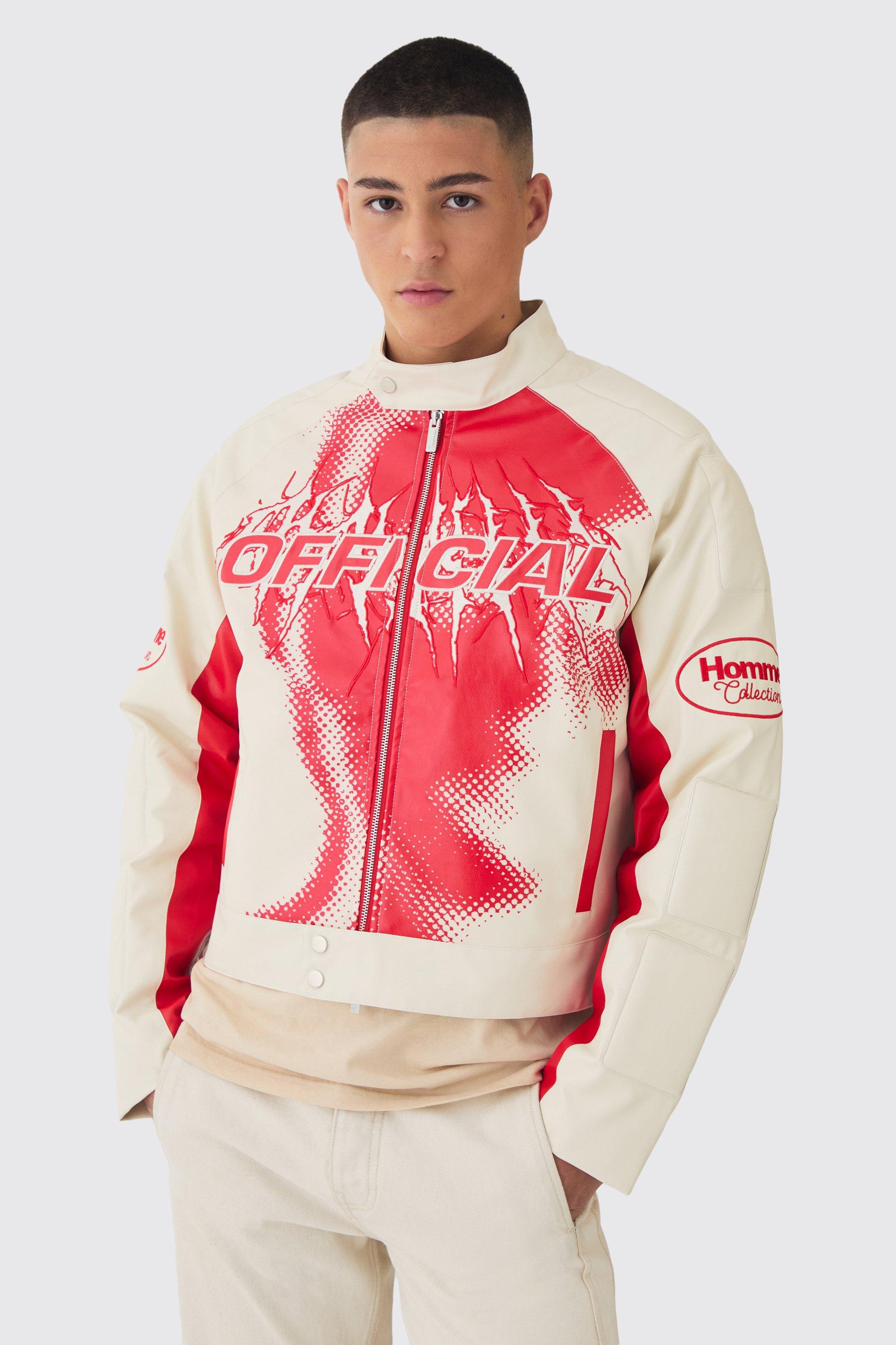 Mens Cream Boxy Official Printed PU Moto Jacket In Ecru, Cream