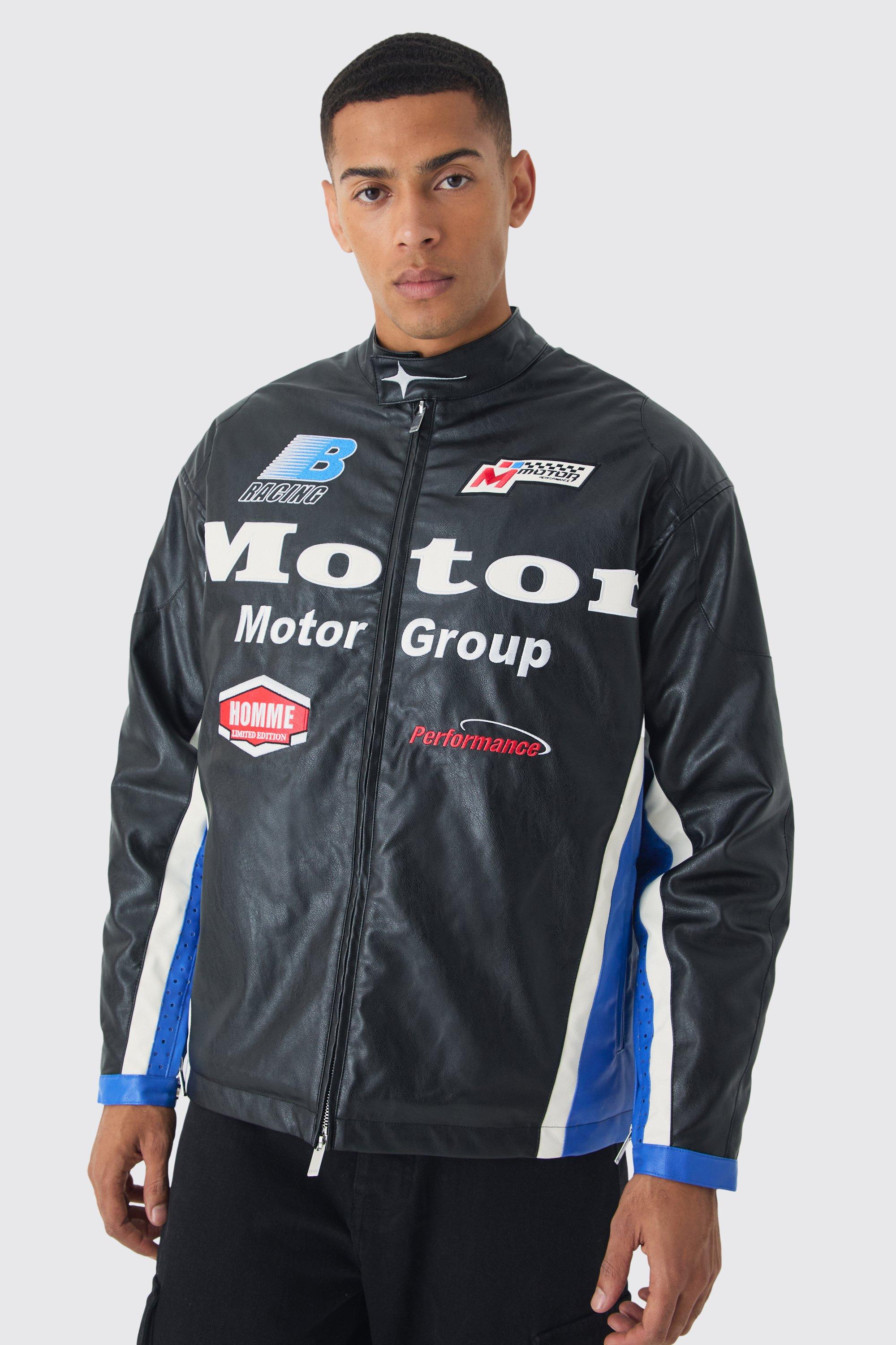 Giacca da moto oversize in PU nera con pannelli in rete, Nero