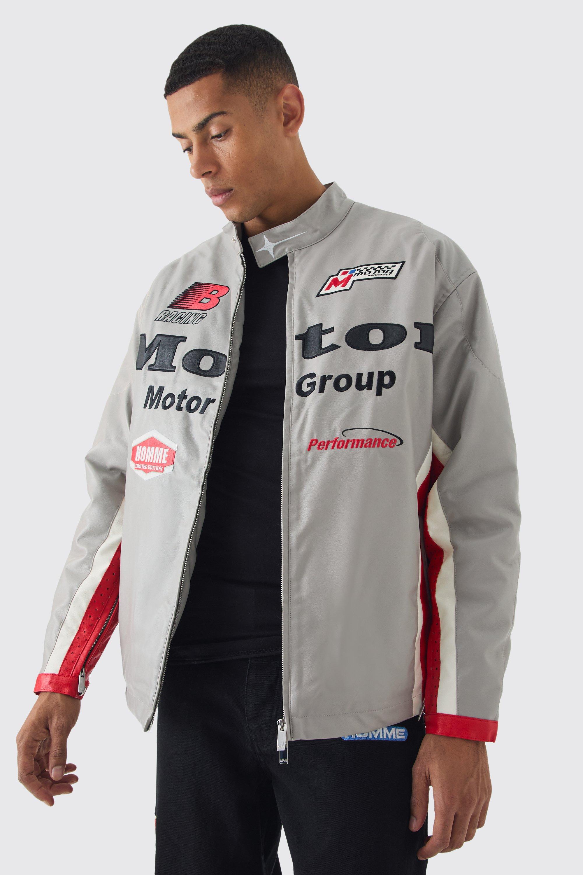 Giacca da moto oversize grigia in PU con pannelli in rete, Grigio