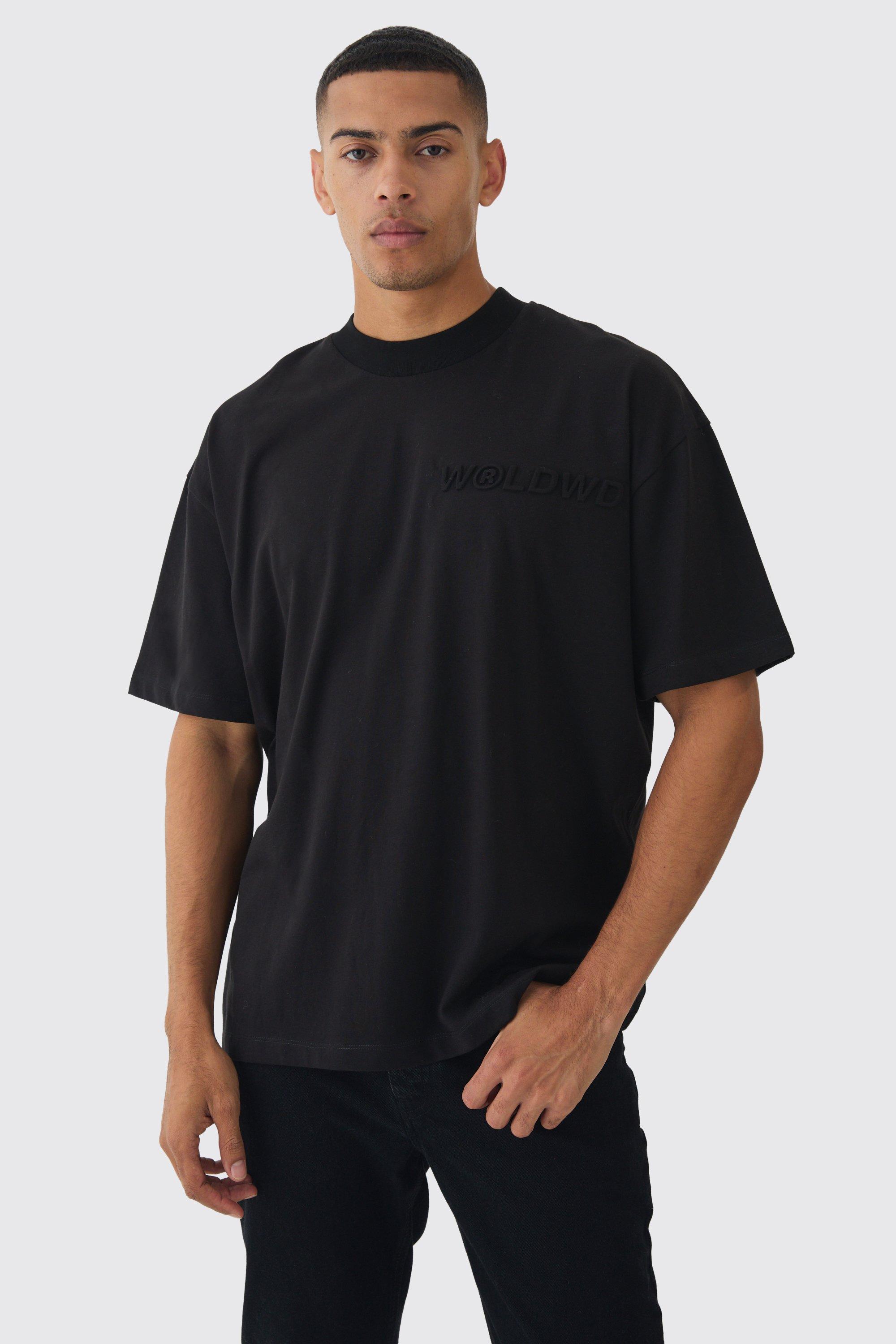 T-shirt oversize Worldwide con girocollo esteso e incisioni, Nero