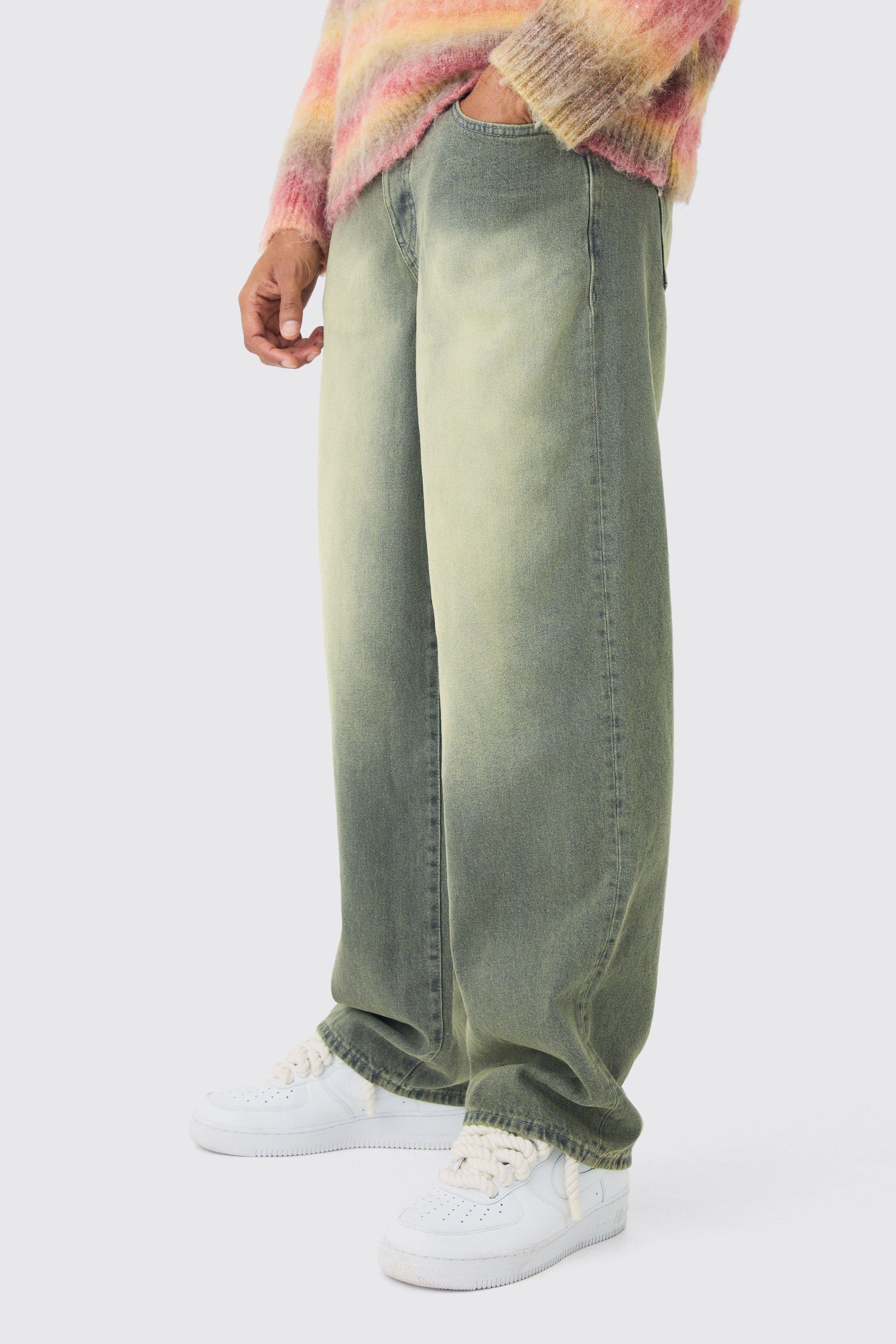 Mens Baggy Rigid Green Washed Jeans, Green