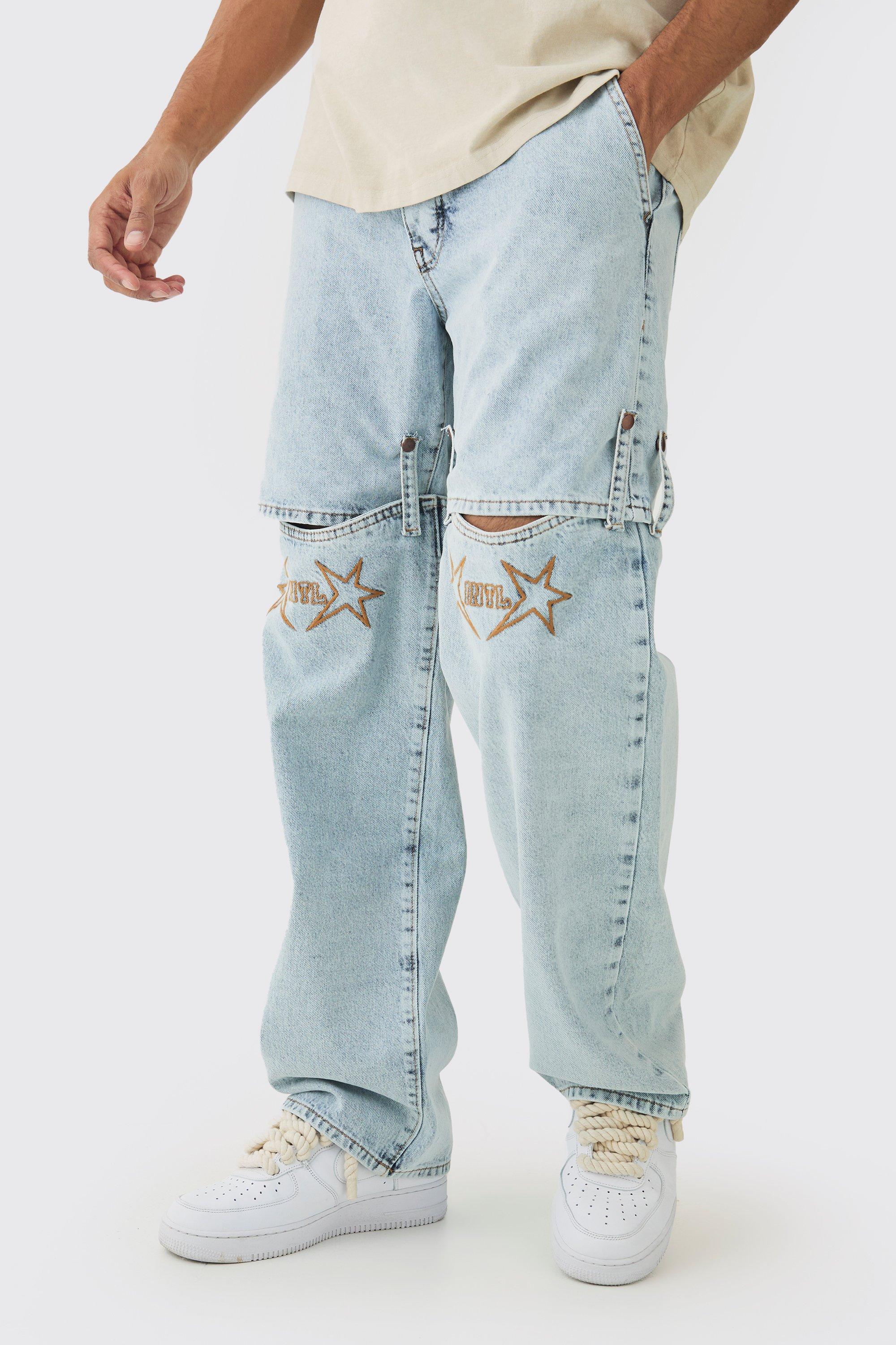 Jeans rilassati stile Western rimovibili in denim rigido, Azzurro