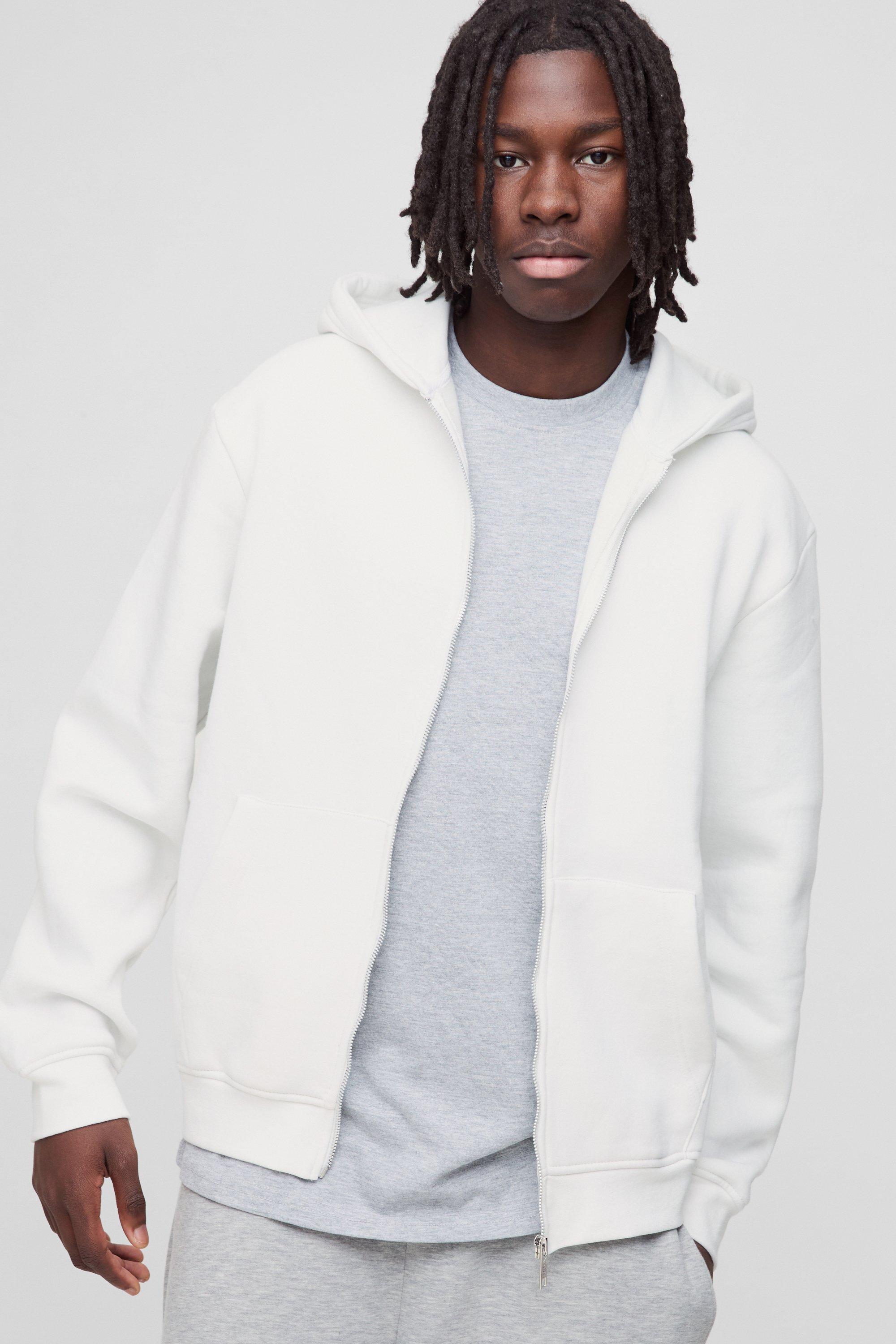 Mens White Basic Regular Fit Zip Through Hoodie, White