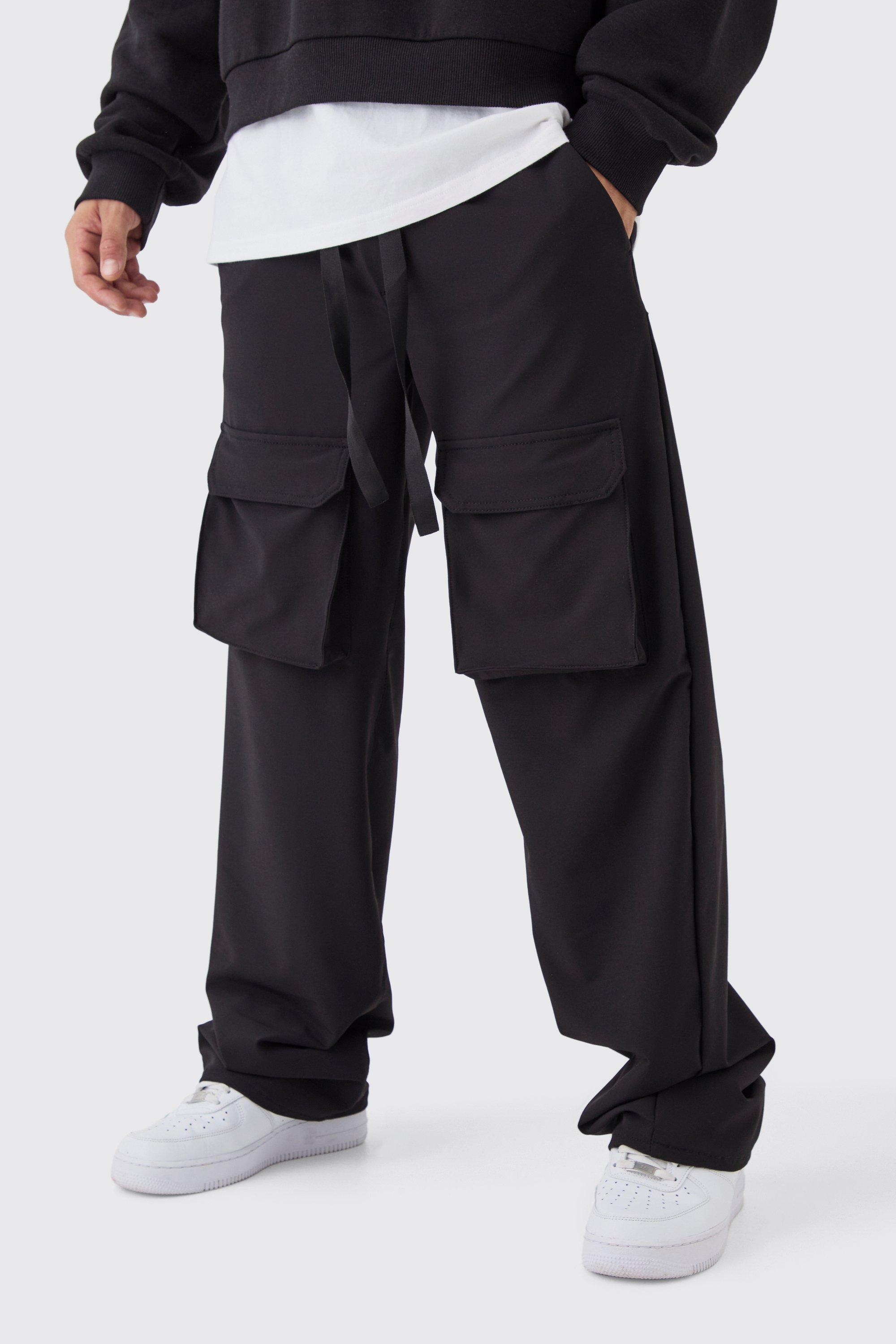 Mens Black Baggy Fit Elasticated Waist Nylon Cargo Trouser, Black