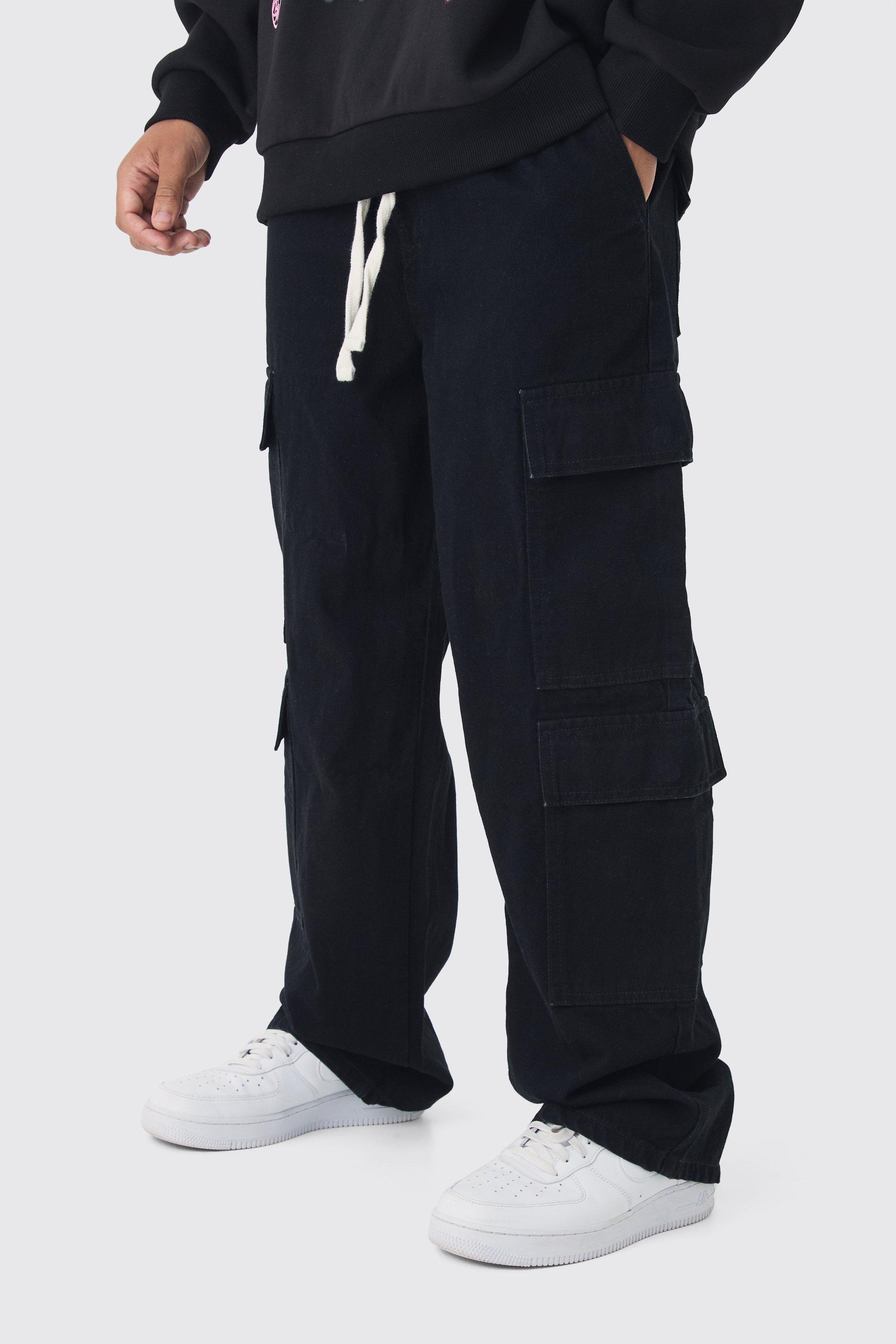 Mens Black Elasticated Baggy Fit Multi Cargo Trousers, Black