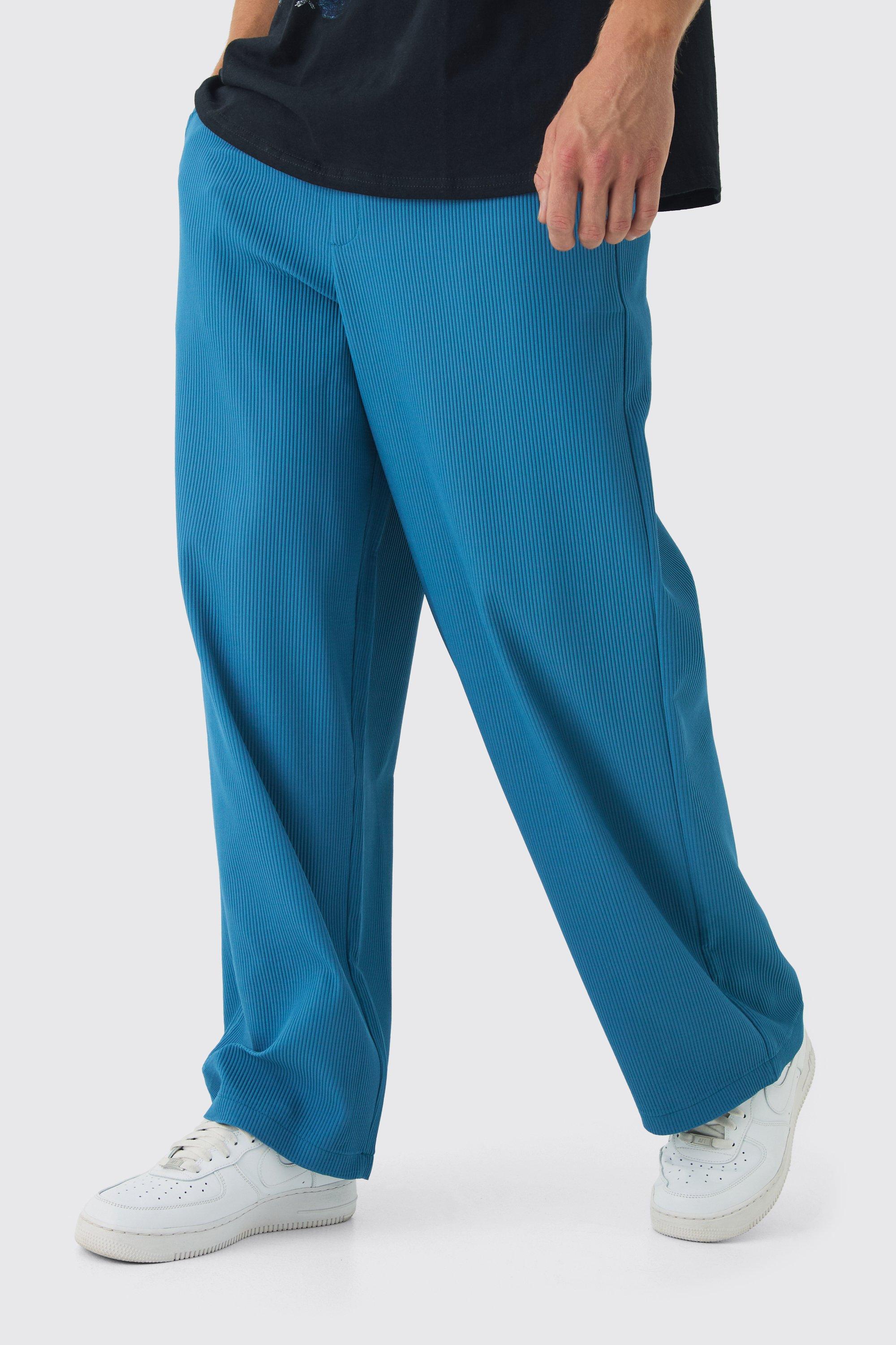 Mens Blue Elastic Waist Baggy Fit Contrast Drawcord Pleated Trouser, Blue