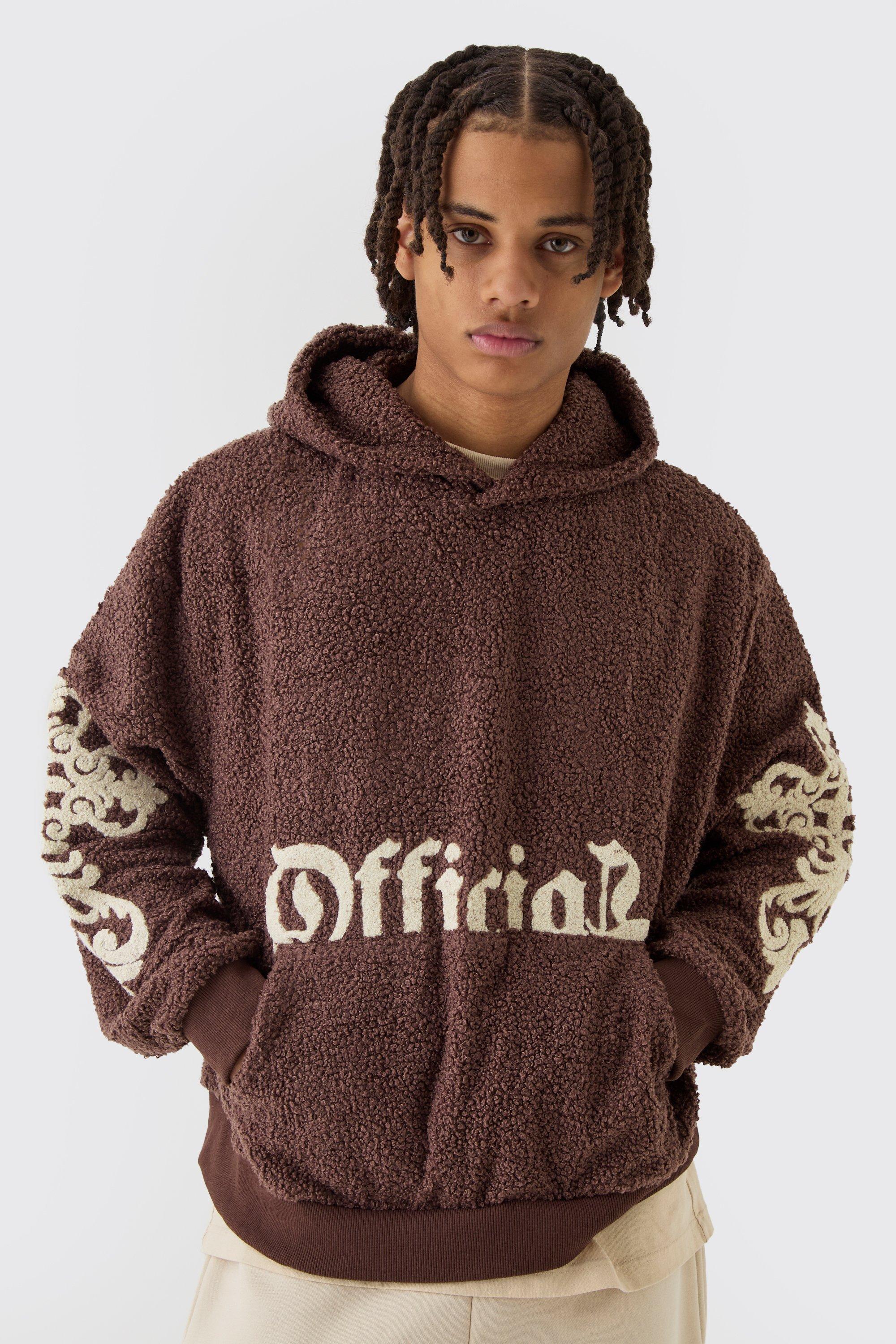Mens Brown Oversized Boxy Official Goth Cross Boucle Borg Hoodie, Brown