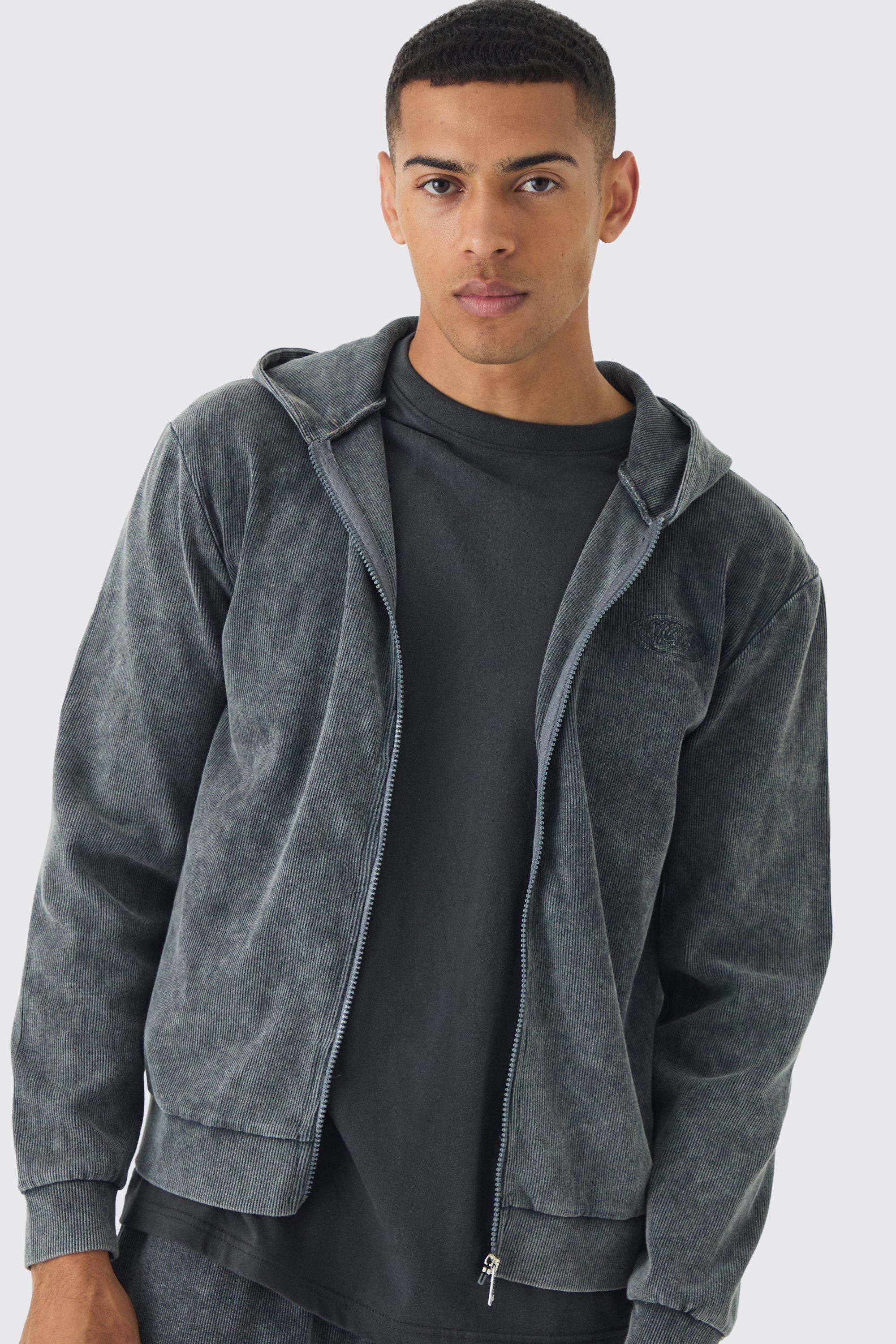 Mens Grey Washed Rib Man Embroidered Zip Through Hoodie, Grey