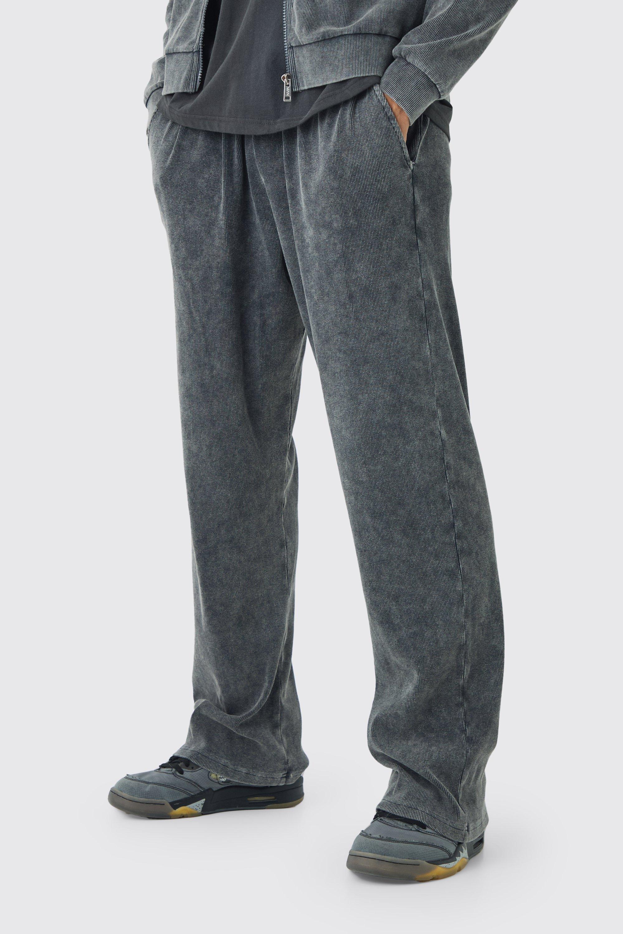 Mens Grey Washed Rib Straight Leg Jogger, Grey