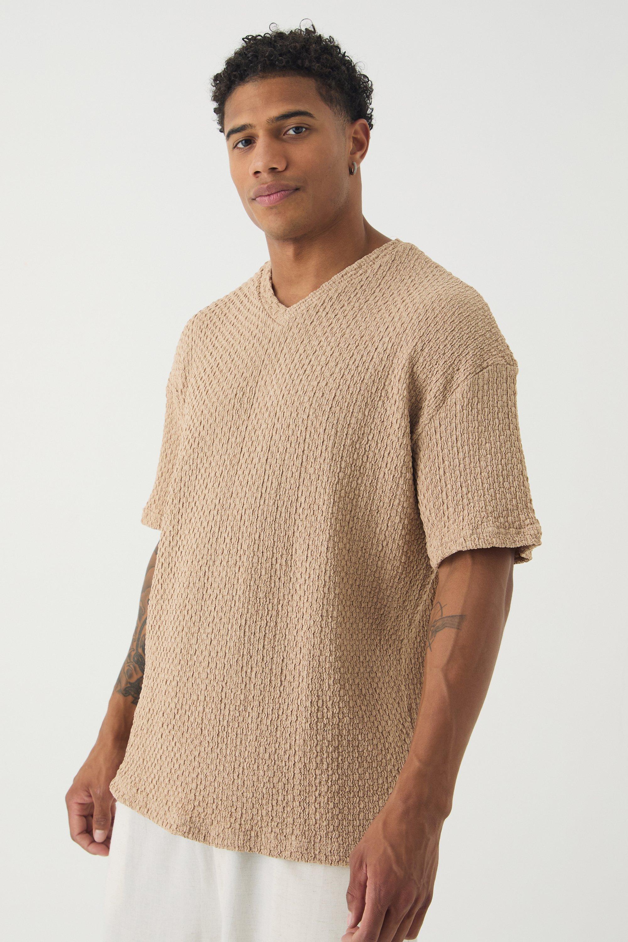 T-shirt oversize Premium in jacquard con scollo a V, Beige