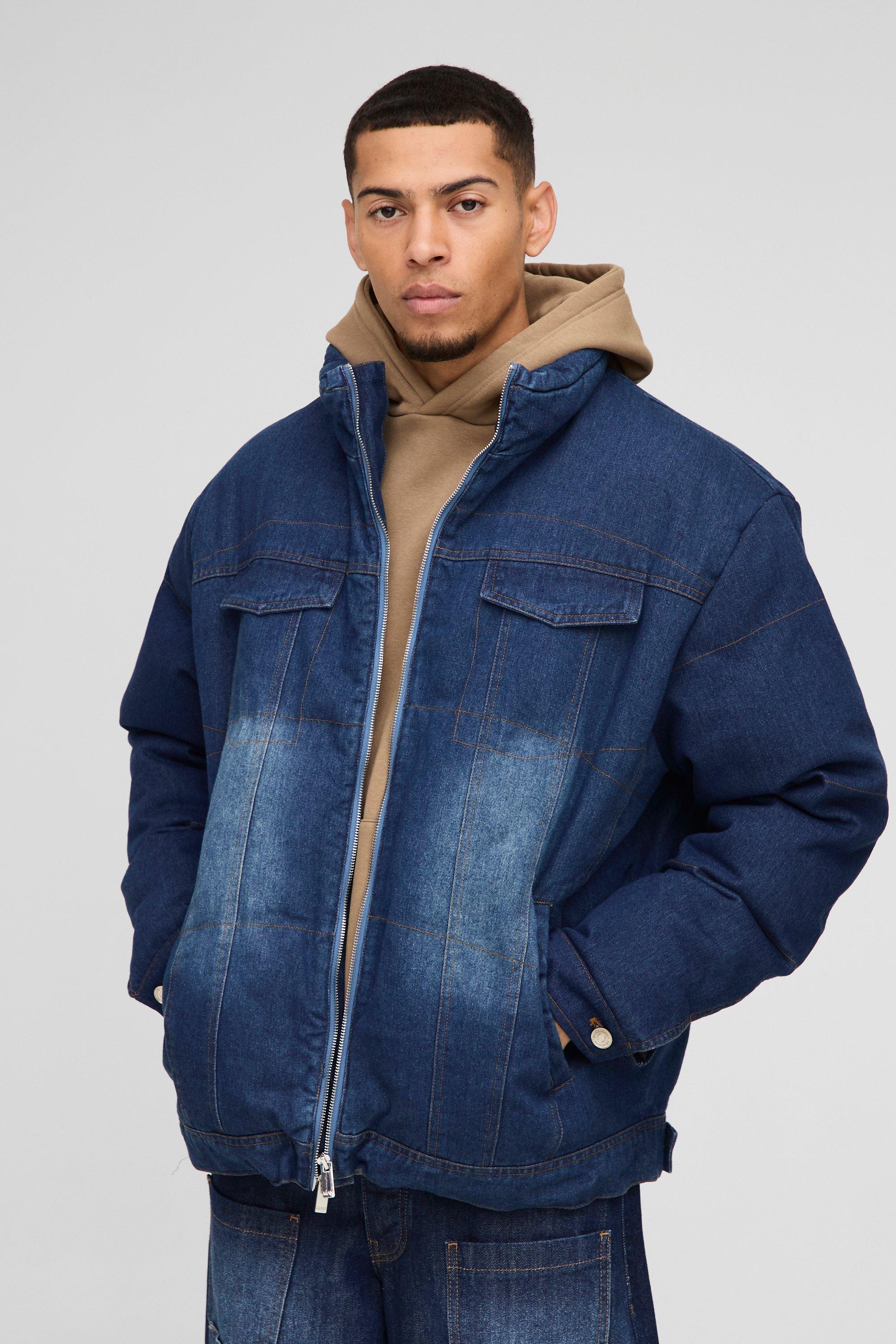 Piumino squadrato oversize in denim con collo a imbuto, Azzurro