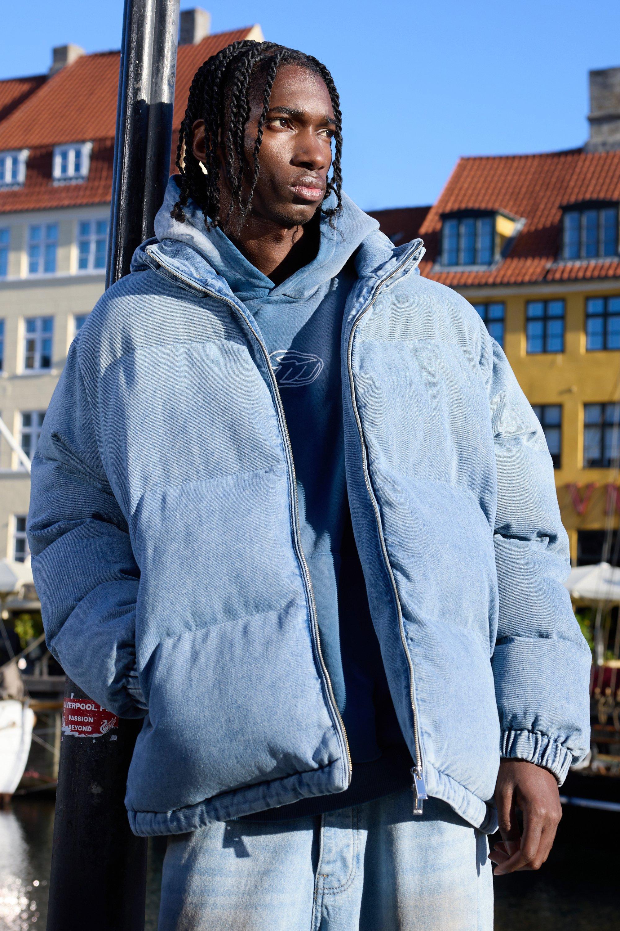 Piumino oversize in denim con collo a imbuto e cappuccio staccabile, Azzurro