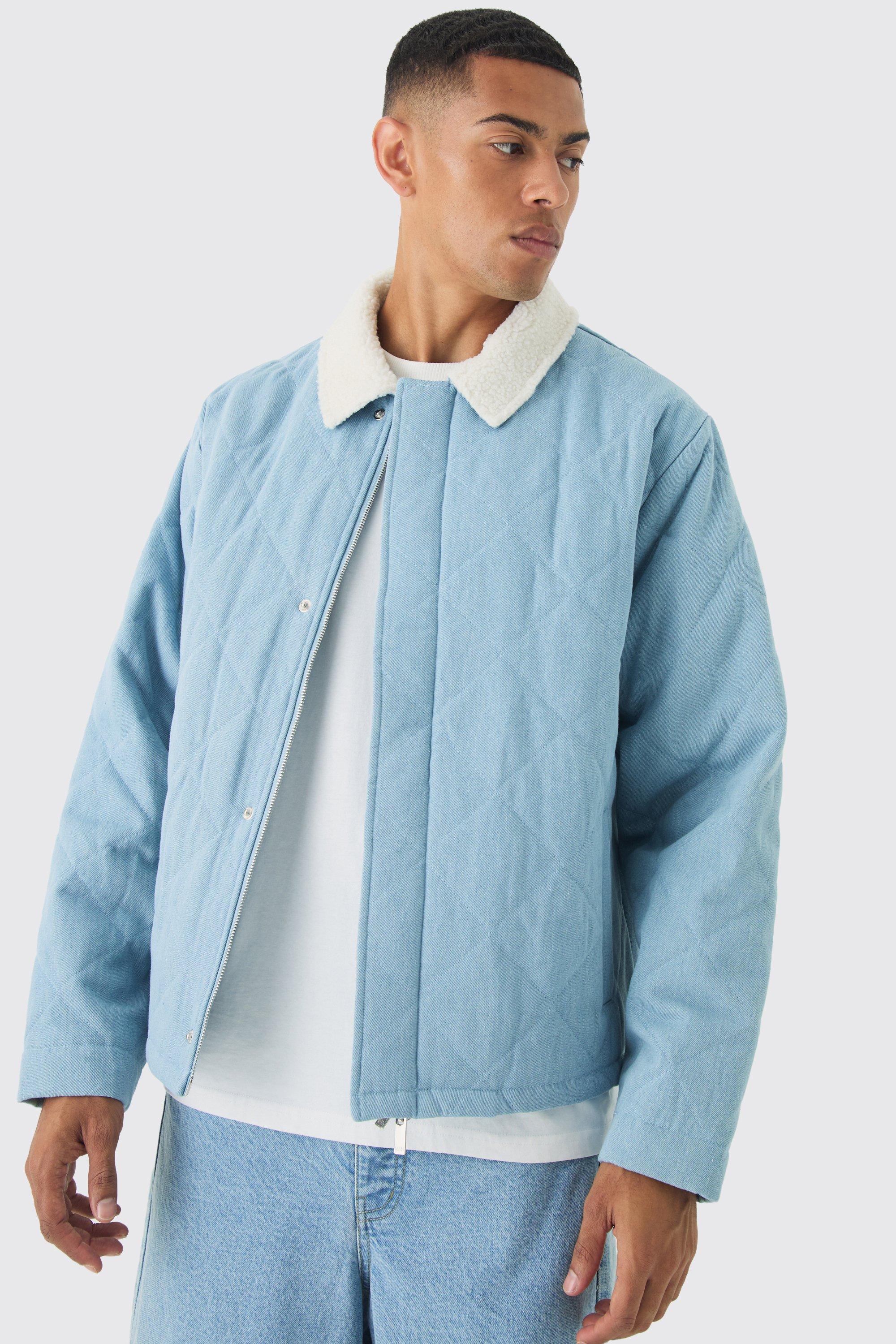 Giacca in denim oversize trapuntata con colletto in pile borg, Azzurro