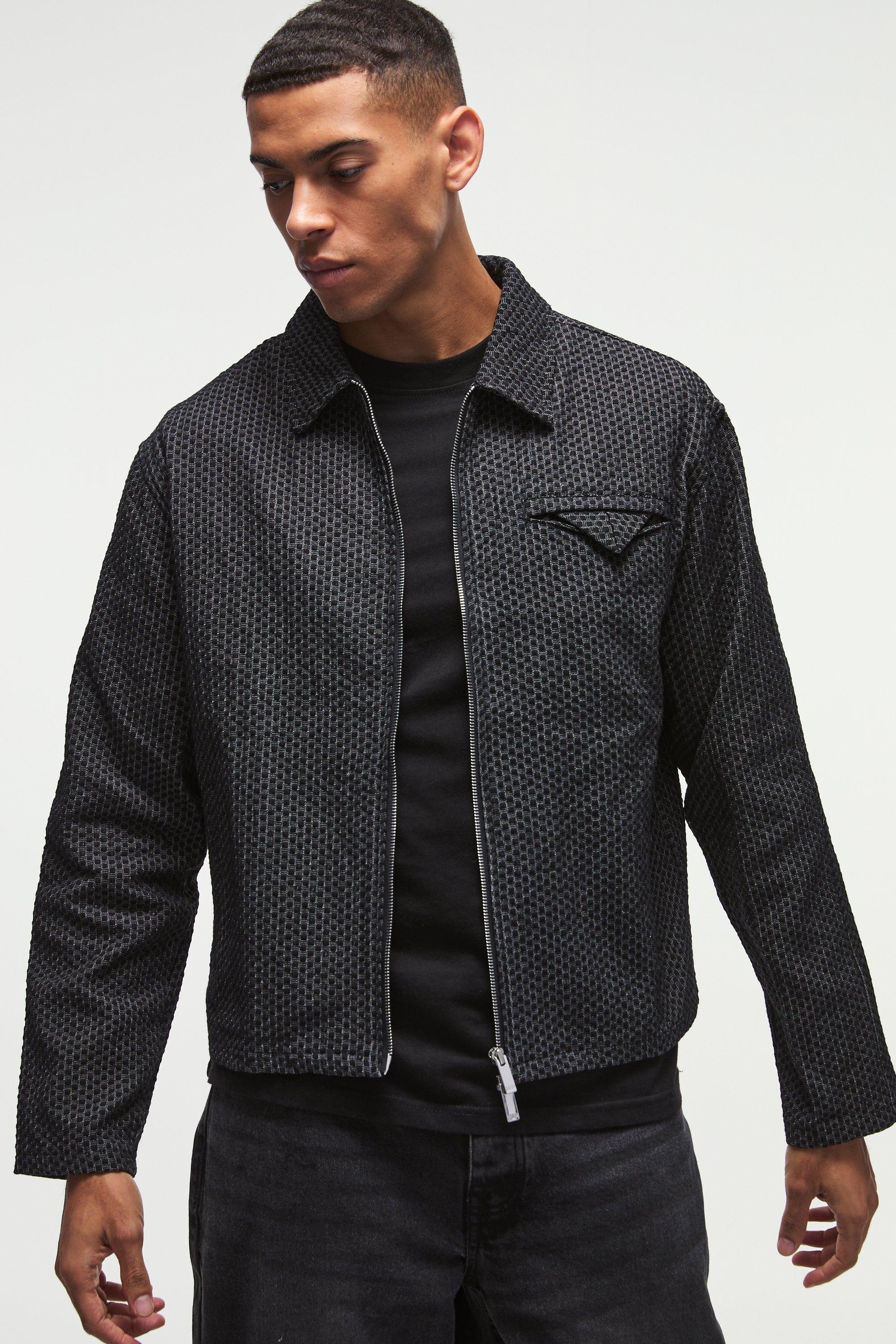 Mens Black Boxy Denim Textured Jacket, Black