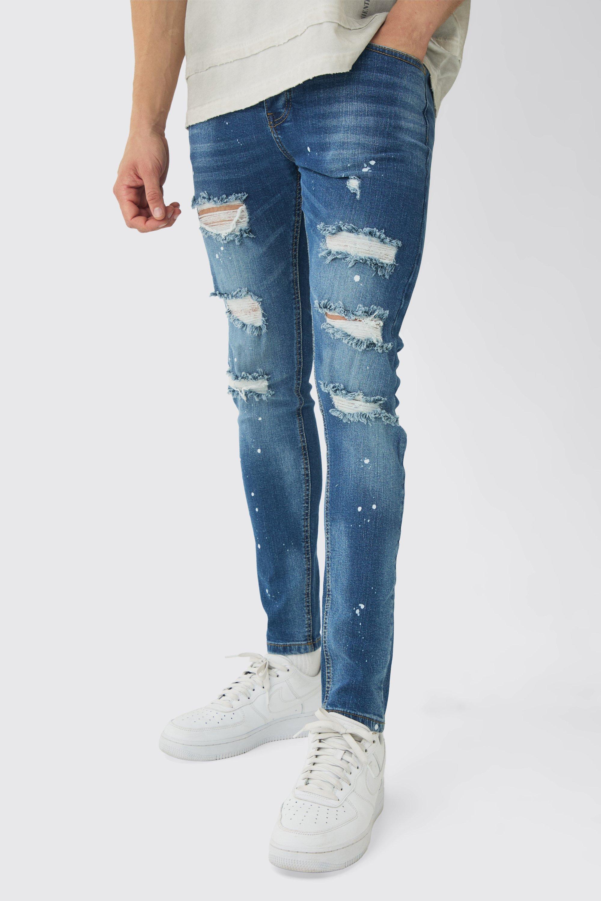 Jeans Skinny Fit in Stretch con strappi & rattoppi e schizzi di colore, Azzurro