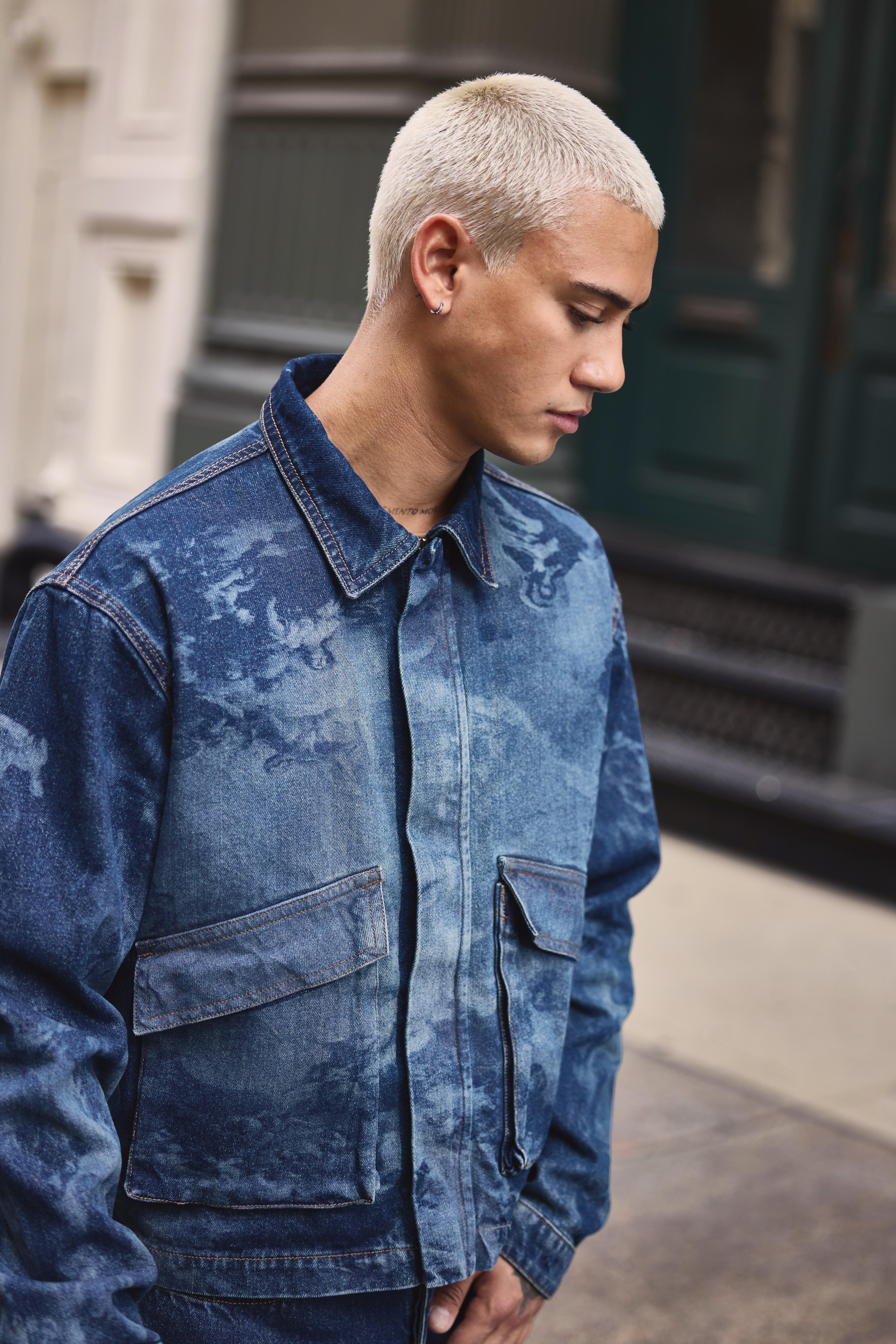 Mens Blue Regular Fit Cropped Renaissance Laser Print Denim Jacket, Blue