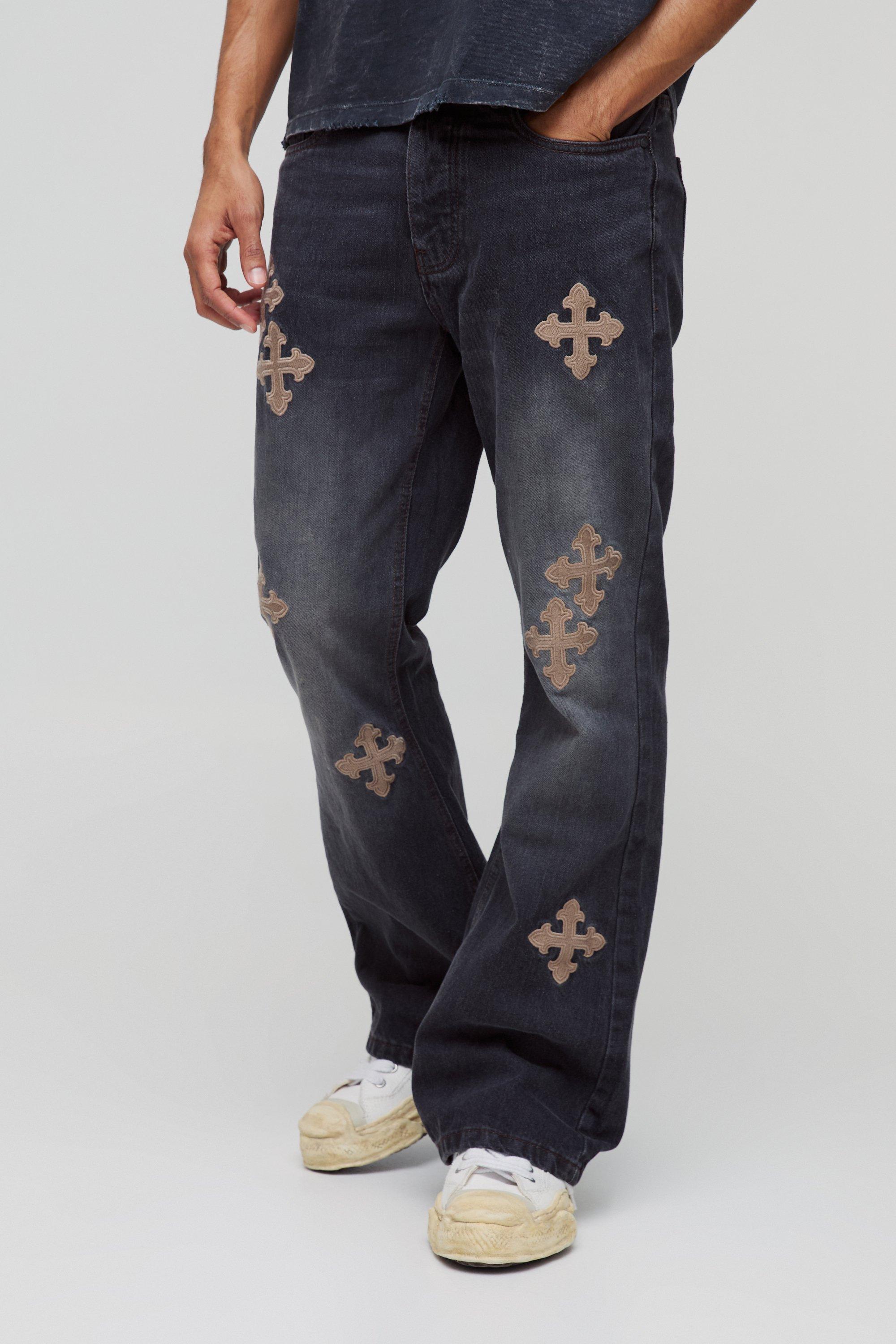 Mens Grey Slim Rigid Flare Cross Embroidered Jeans, Grey