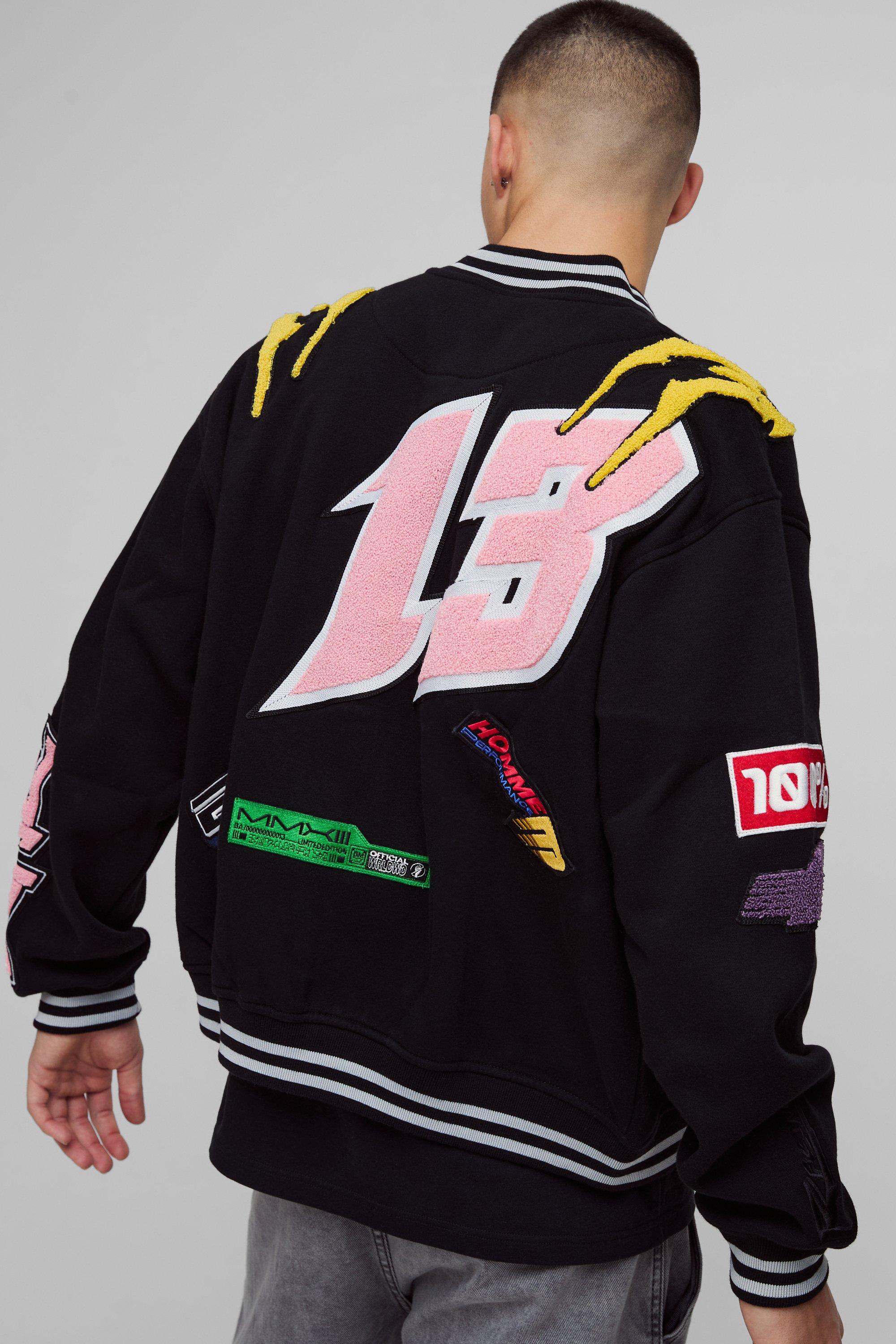 Giacca Bomber squadrata oversize con applique stile Varsity, Nero