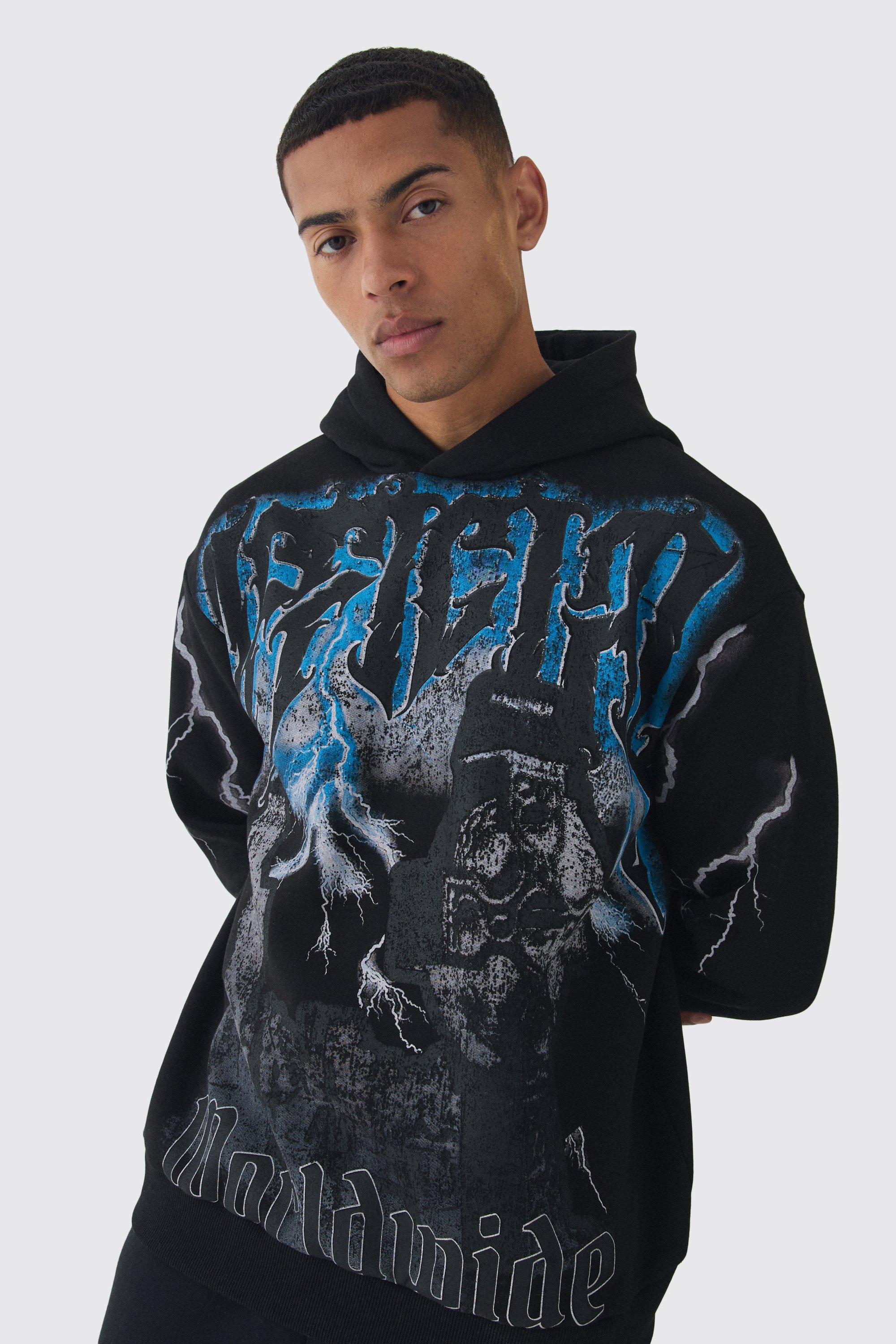 Mens Black Oversized Over Seams Official Gravestone Graphic Hoodie, Black