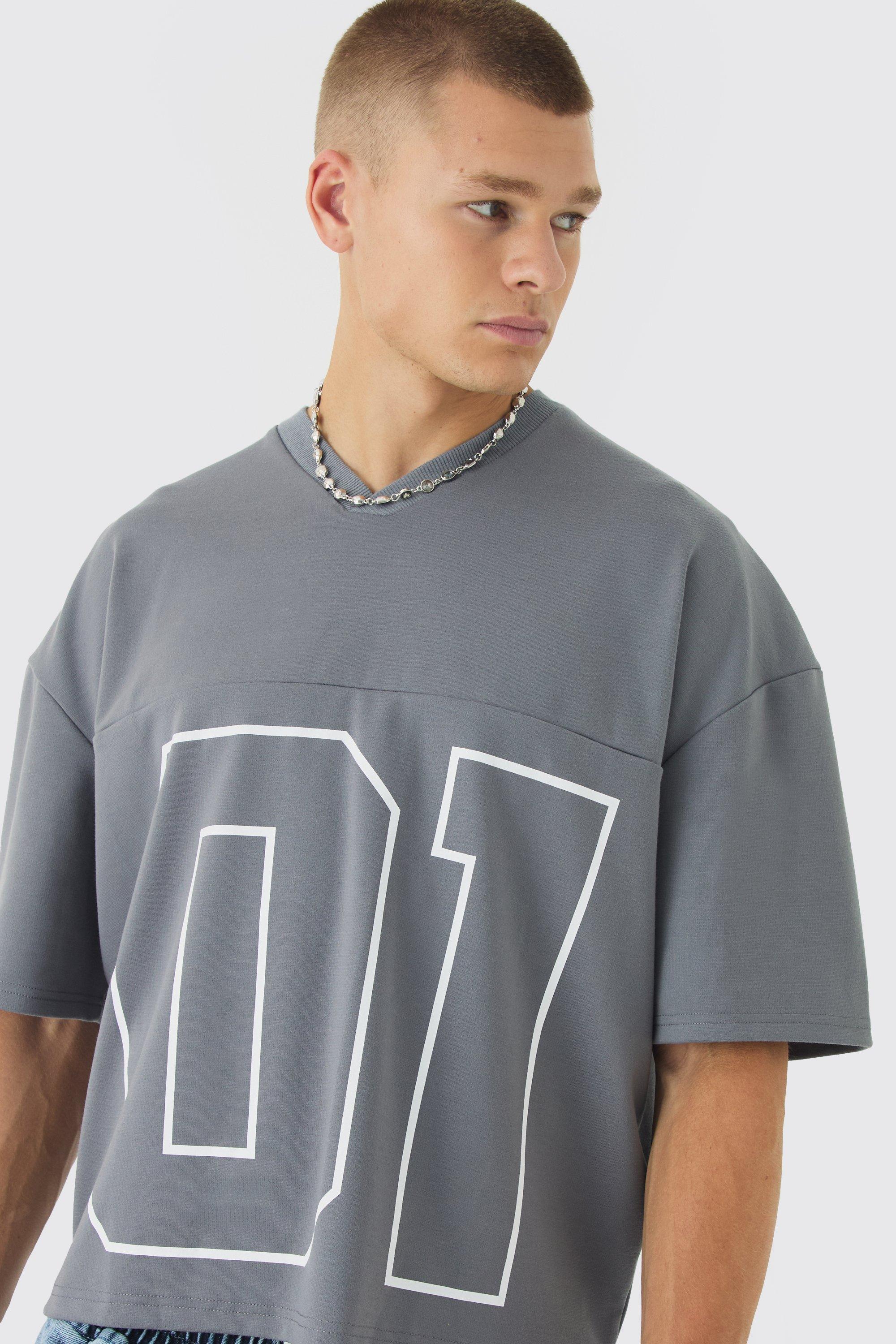 Mens Grey Oversized Boxy Super Heavyweight Premium Football Jersey Top, Grey