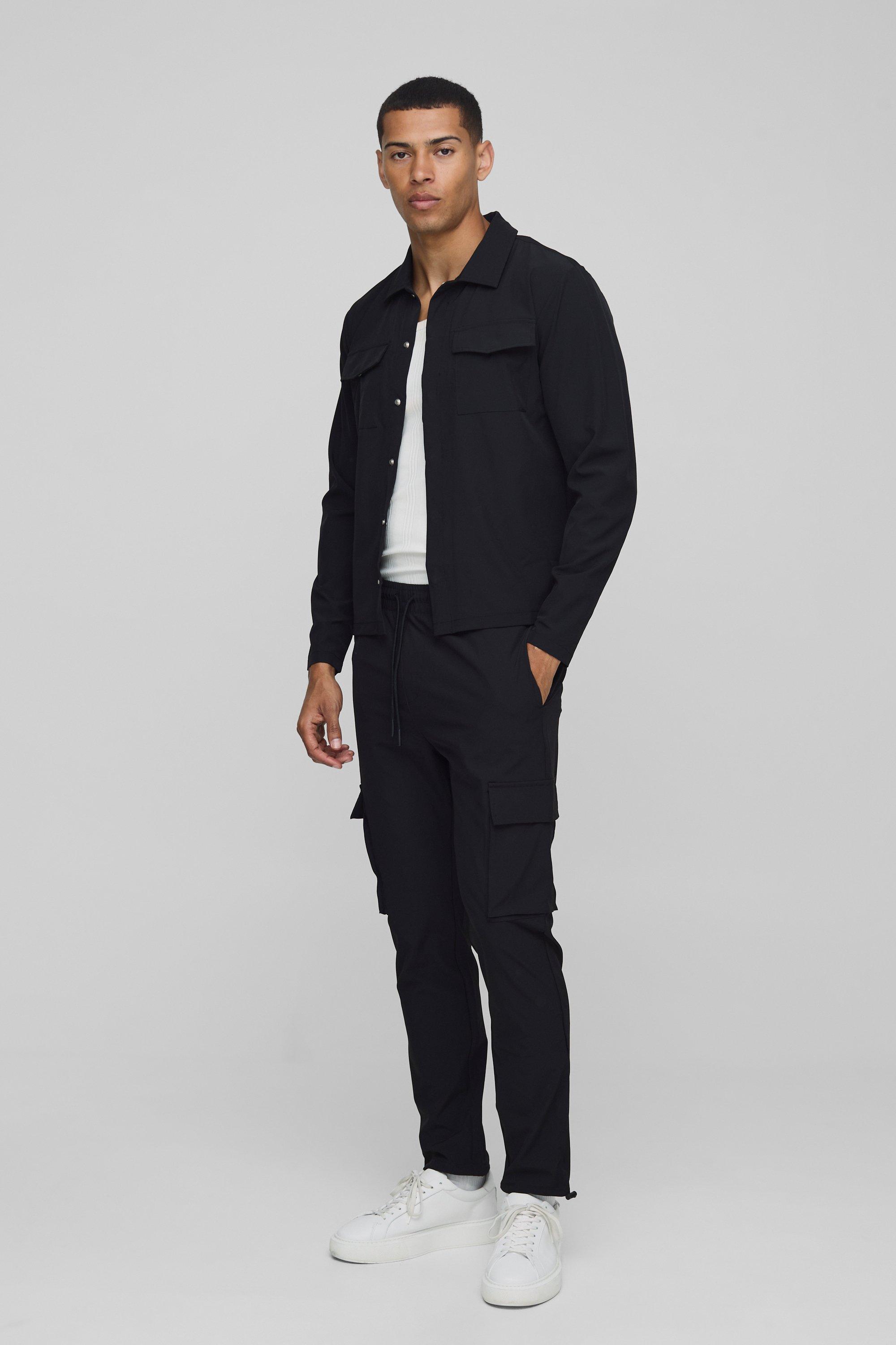 Mens Black Technical Stretch Cargo Shirt & Trouser Set, Black