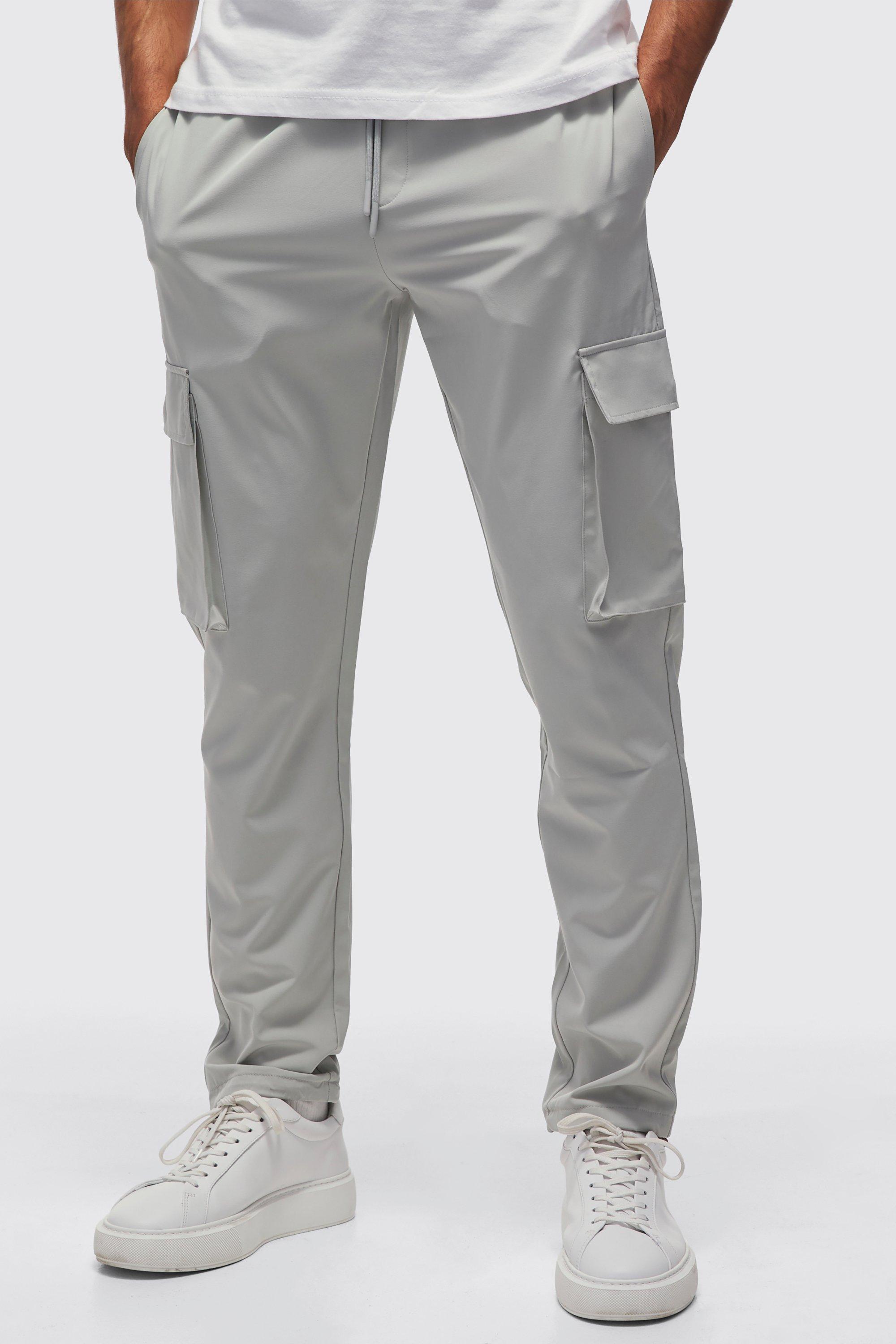 Pantaloni Cargo in Stretch tecnico Slim Fit con laccetti sul fondo, Grigio