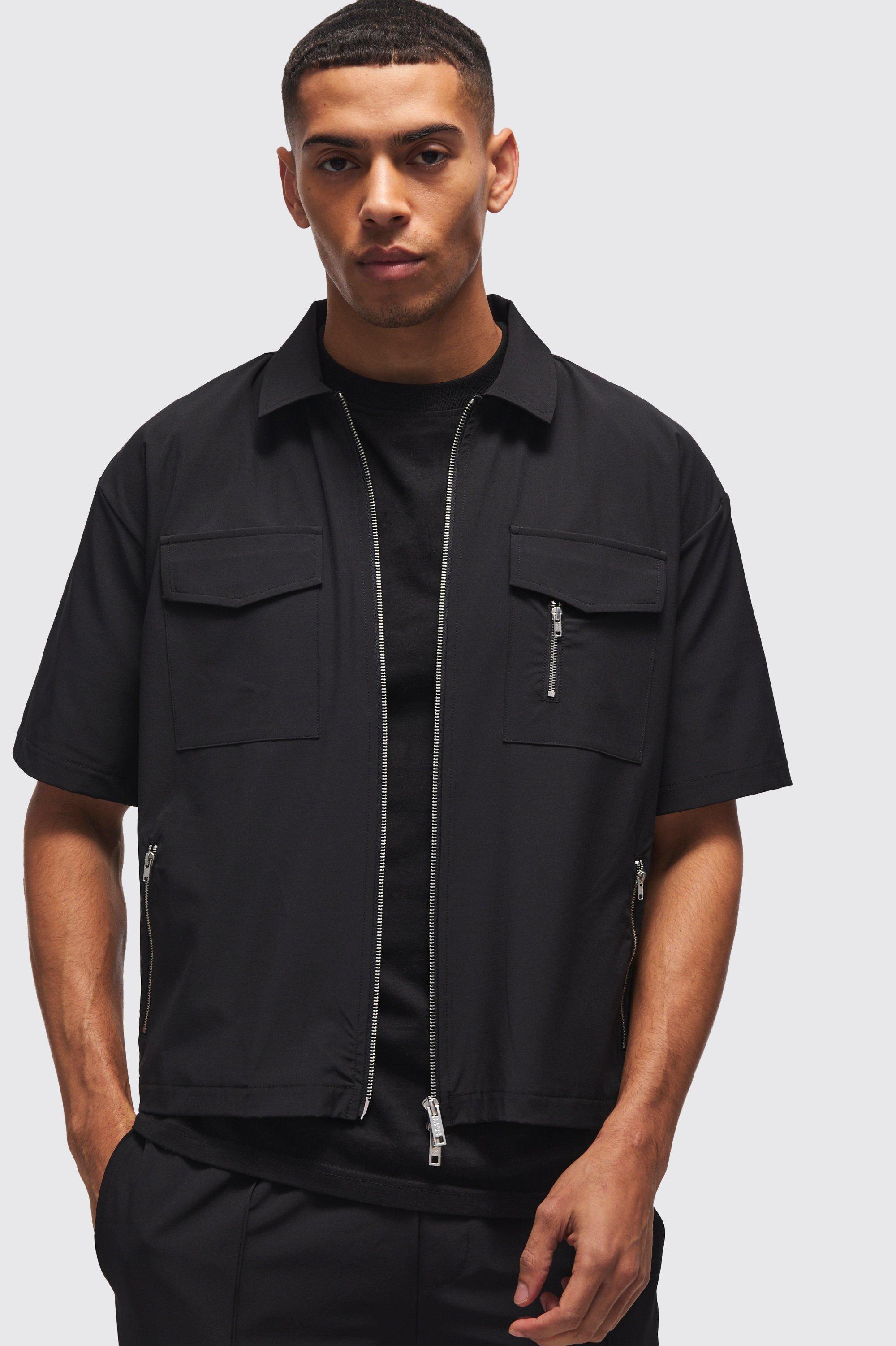 Mens Black Technical Stretch Oversized Boxy Zip Through Pocket Detail Shirt, Black