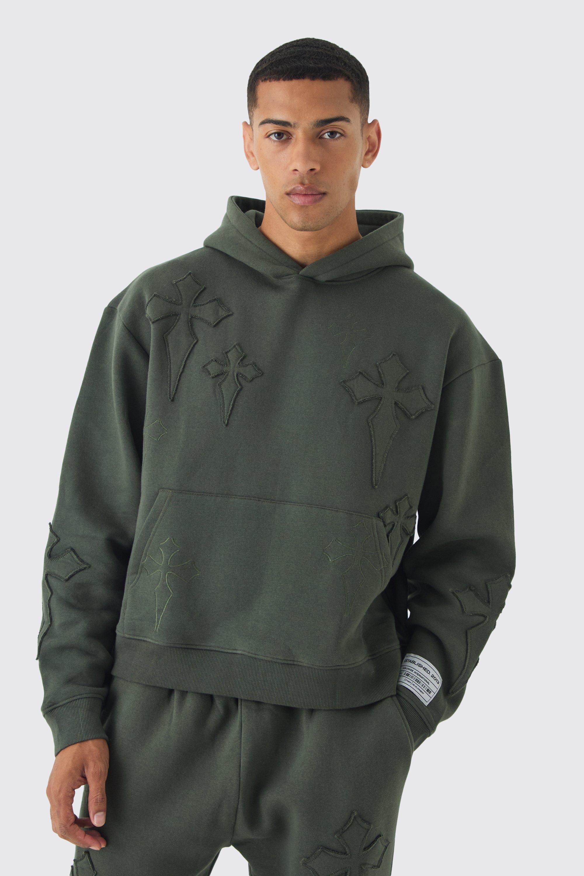 Felpa squadrata oversize con applique a croce e cappuccio, Verde