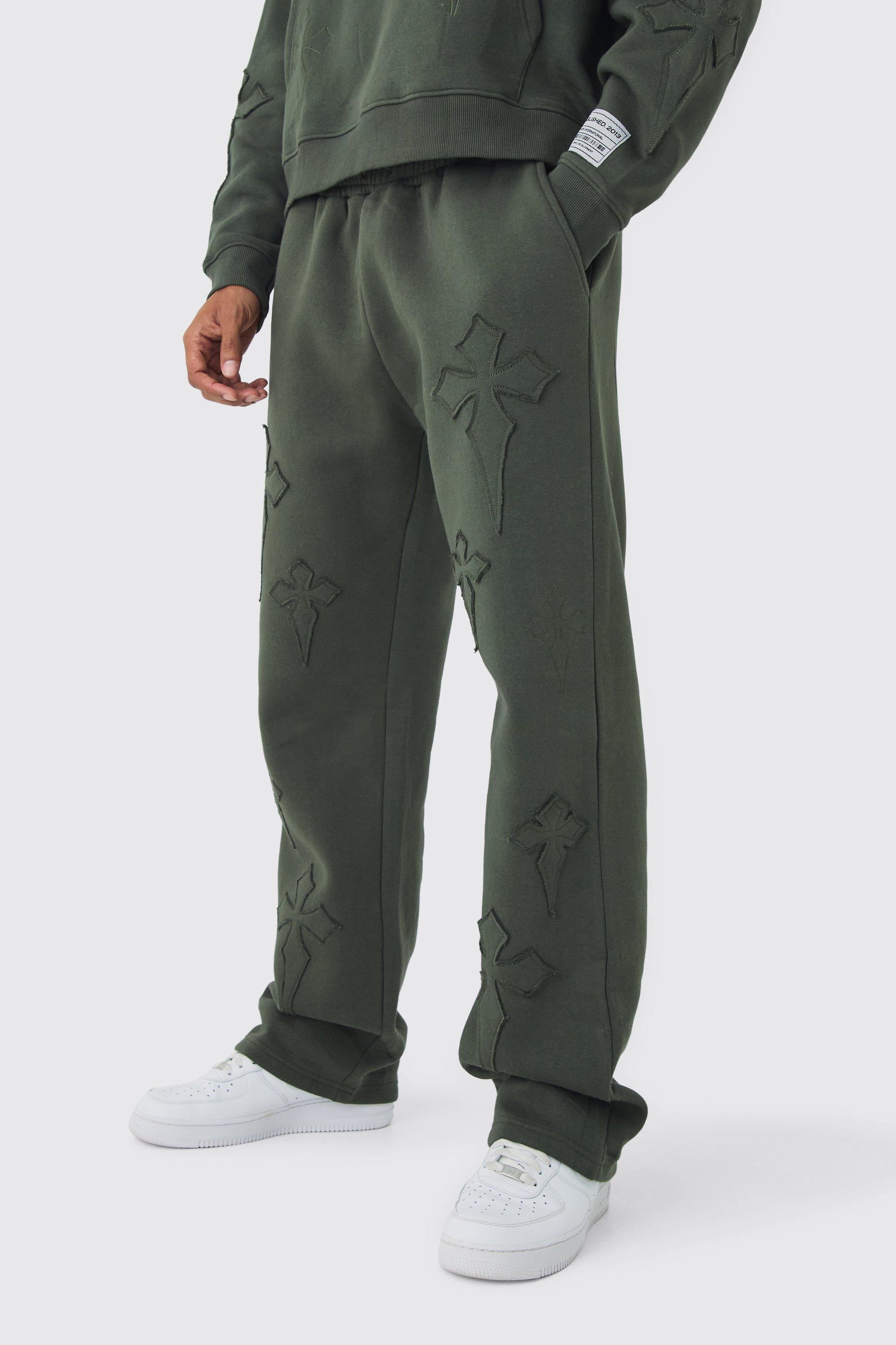 Mens Green Relaxed Cross Applique Jogger, Green