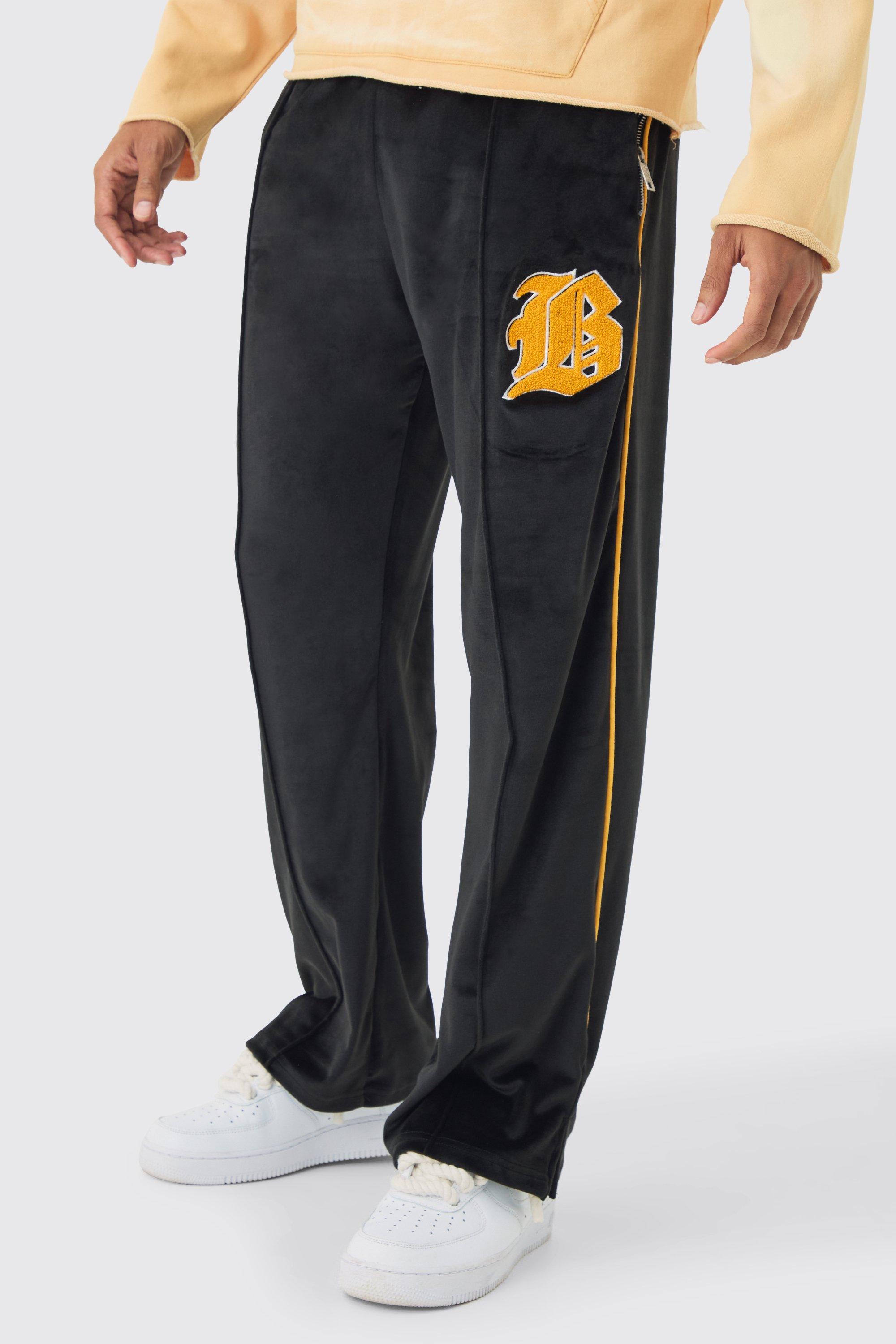 Mens Black Straight Leg Varsity Velour Jogger, Black