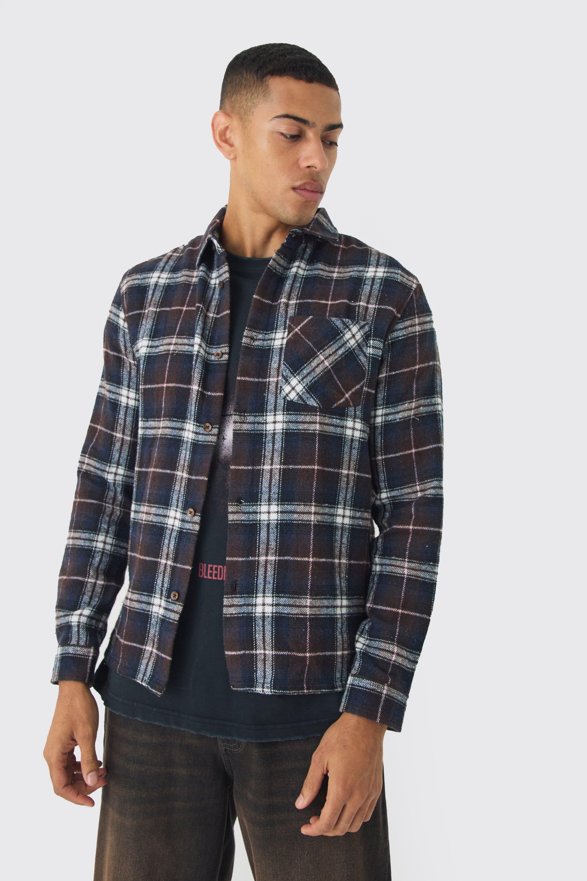 Mens Brown Regular Fit check Check Long Sleeve Shirt, Brown