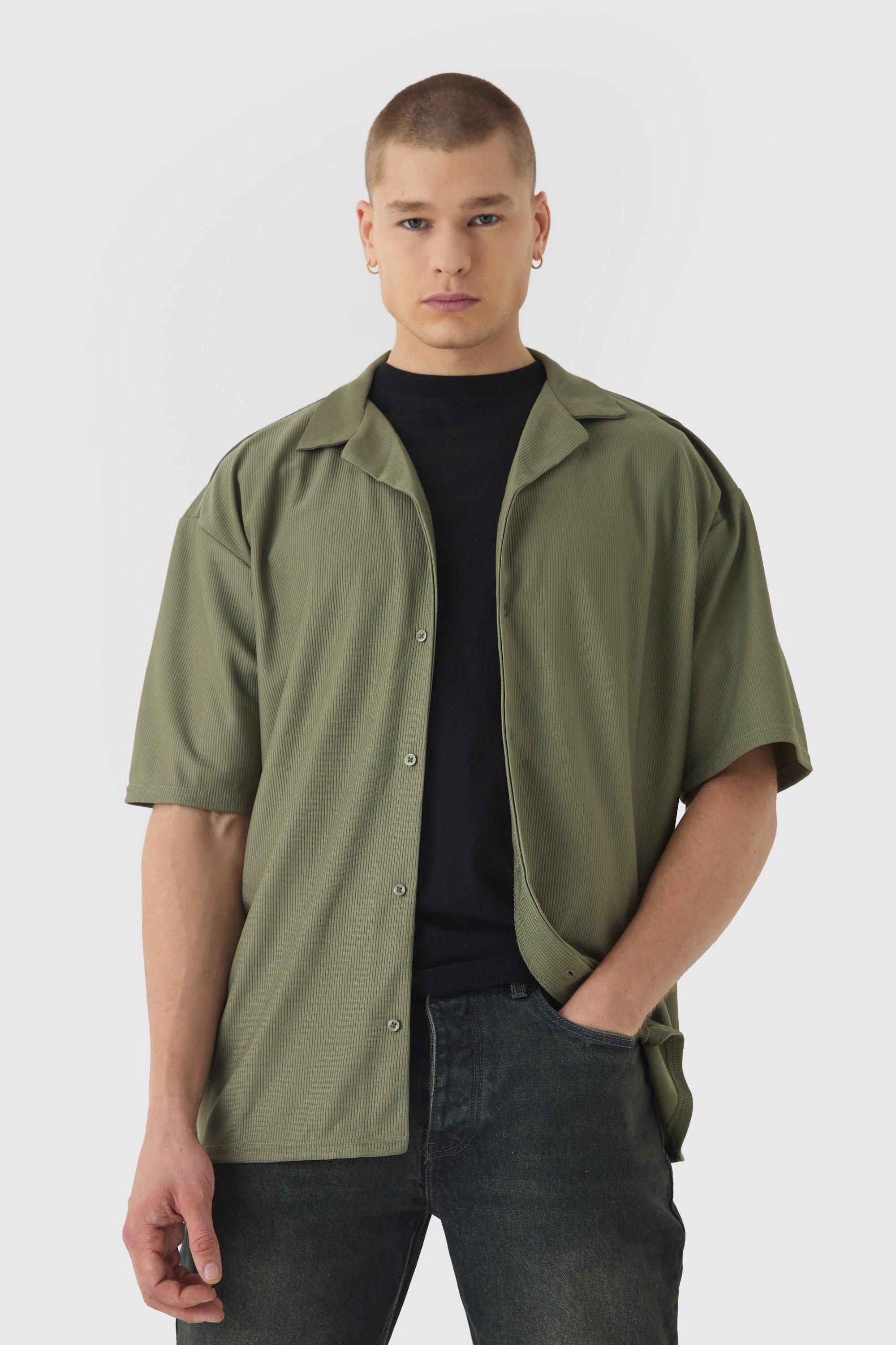 Camicia squadrata oversize in jersey a coste con rever, Verde