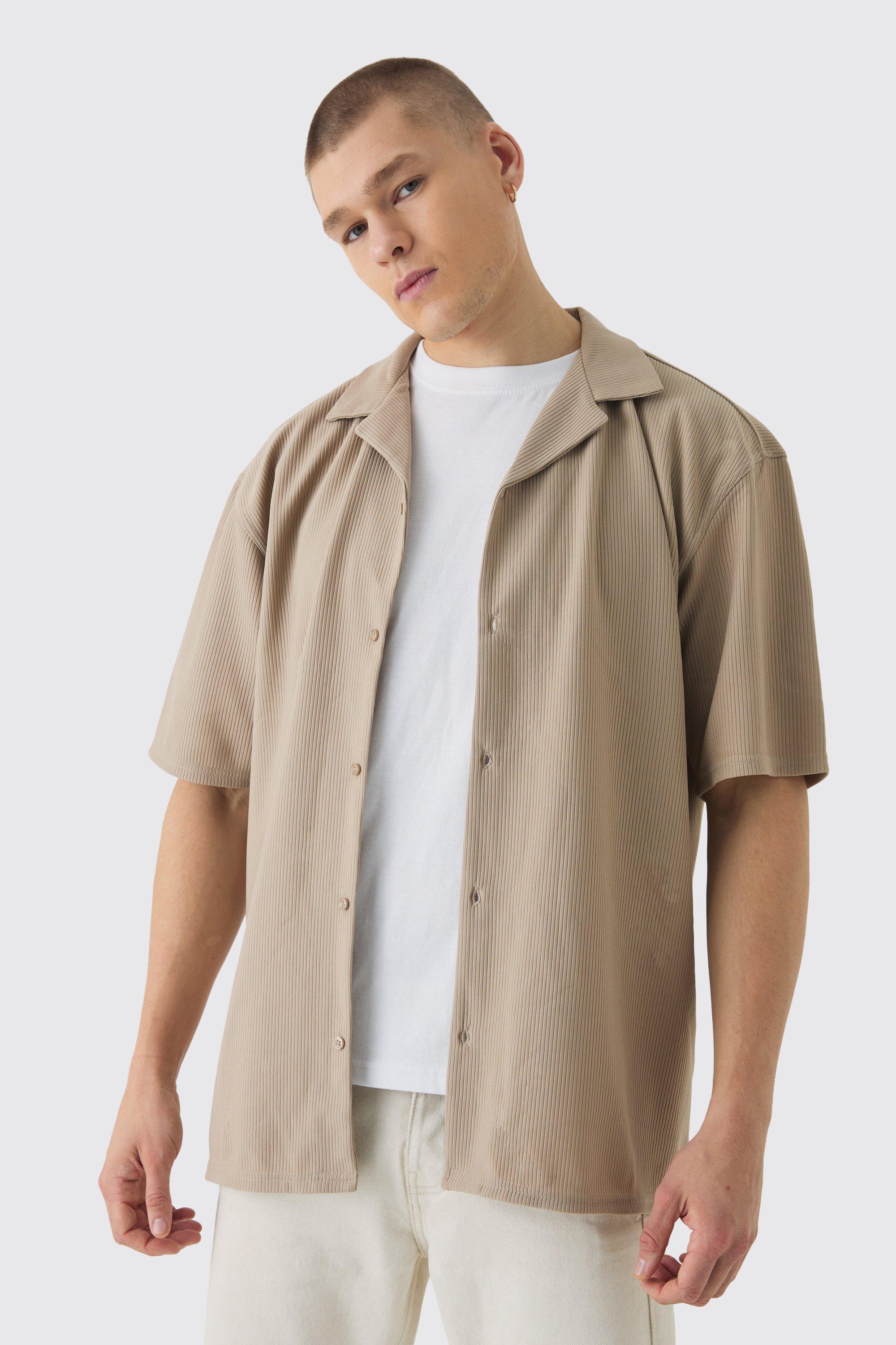 Camicia squadrata oversize in jersey a coste con rever, Beige