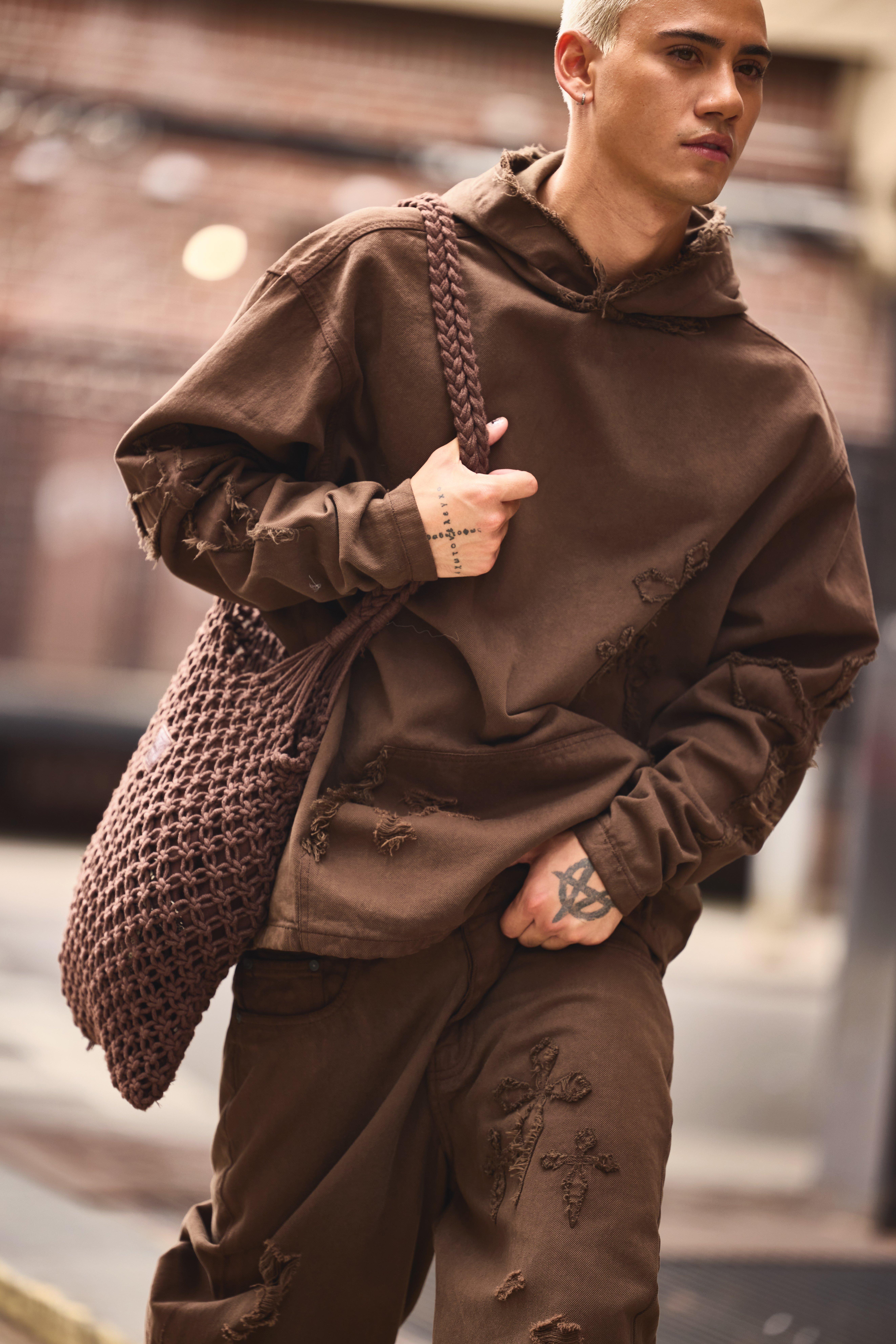 Oversized Denim Applique Cross Dirty Wash Hoodie | boohooMAN USA