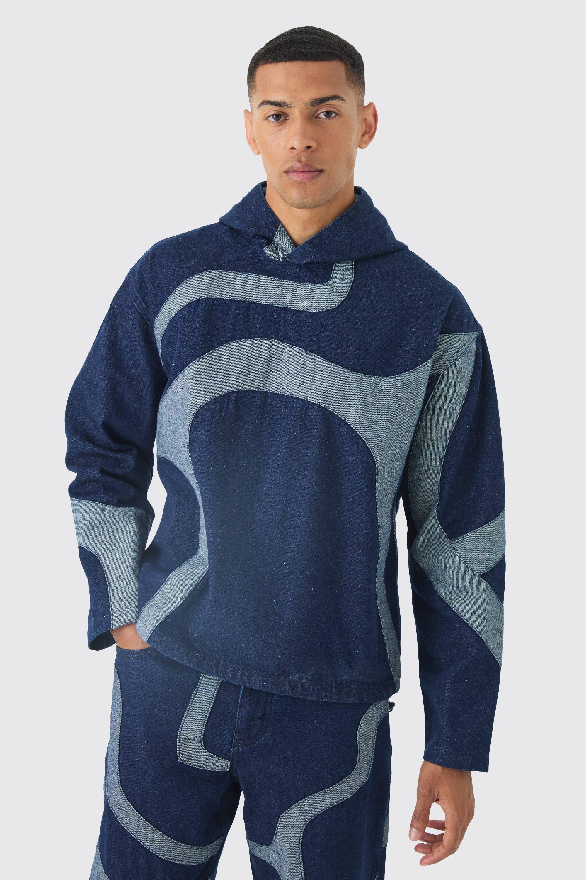 Felpa squadrata in denim effetto patchwork con applique e cappuccio, Azzurro