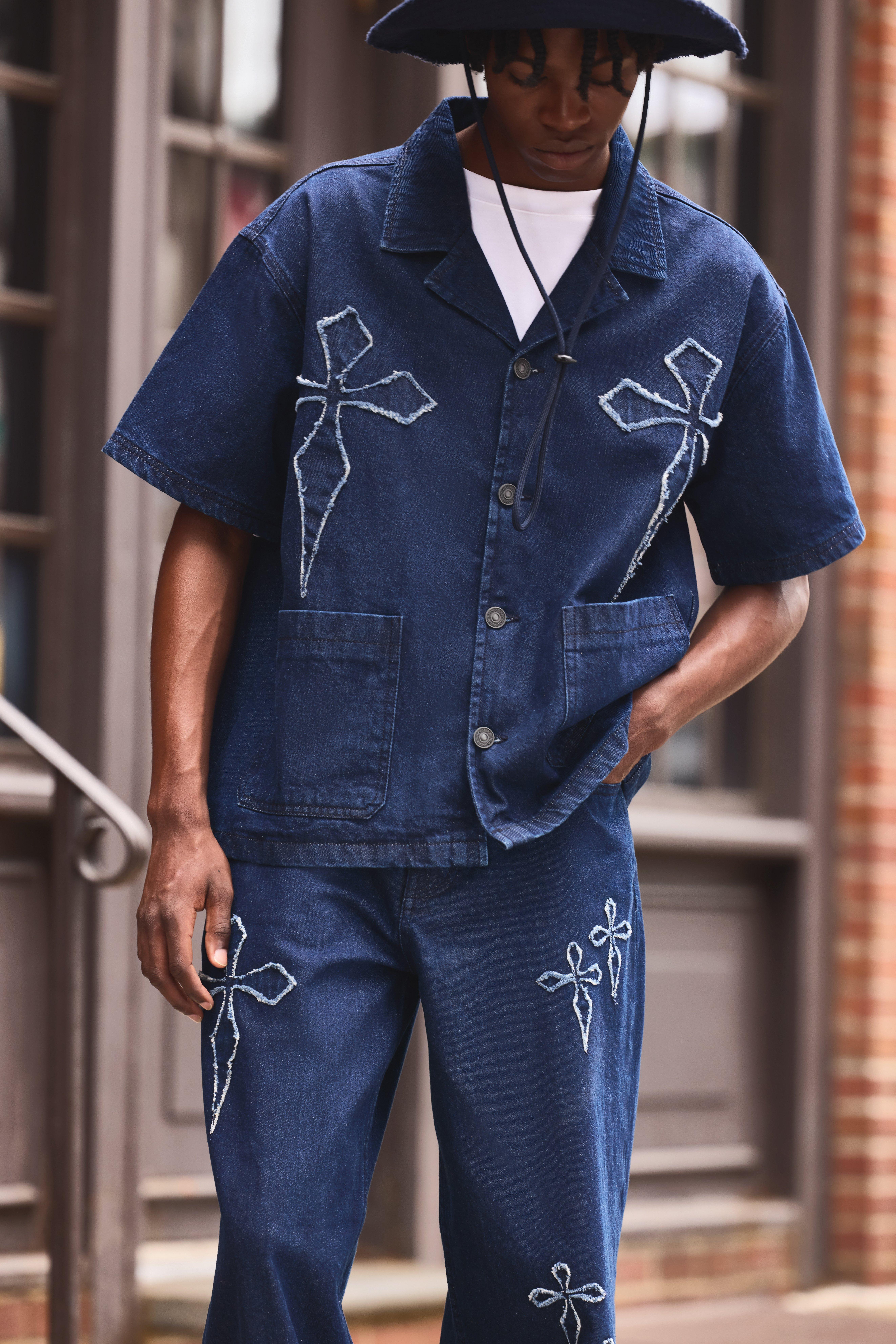 Mens Blue Boxy Revere Raw Edge Denim Cross Applique Shirt, Blue