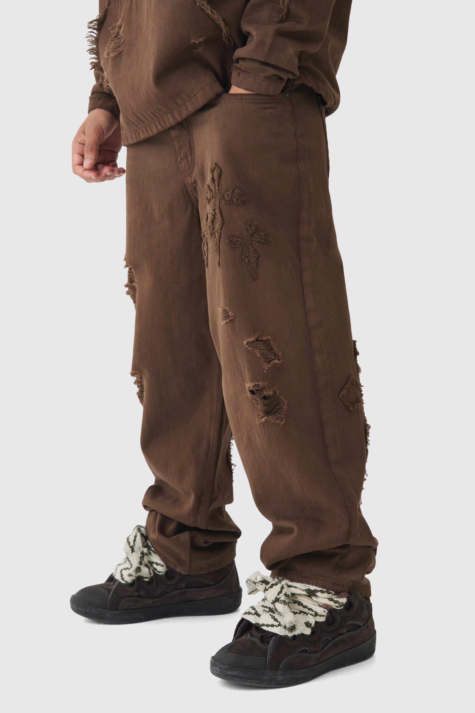 Mens Brown Baggy Fit Cross Applique Dirty Wash Jeans, Brown