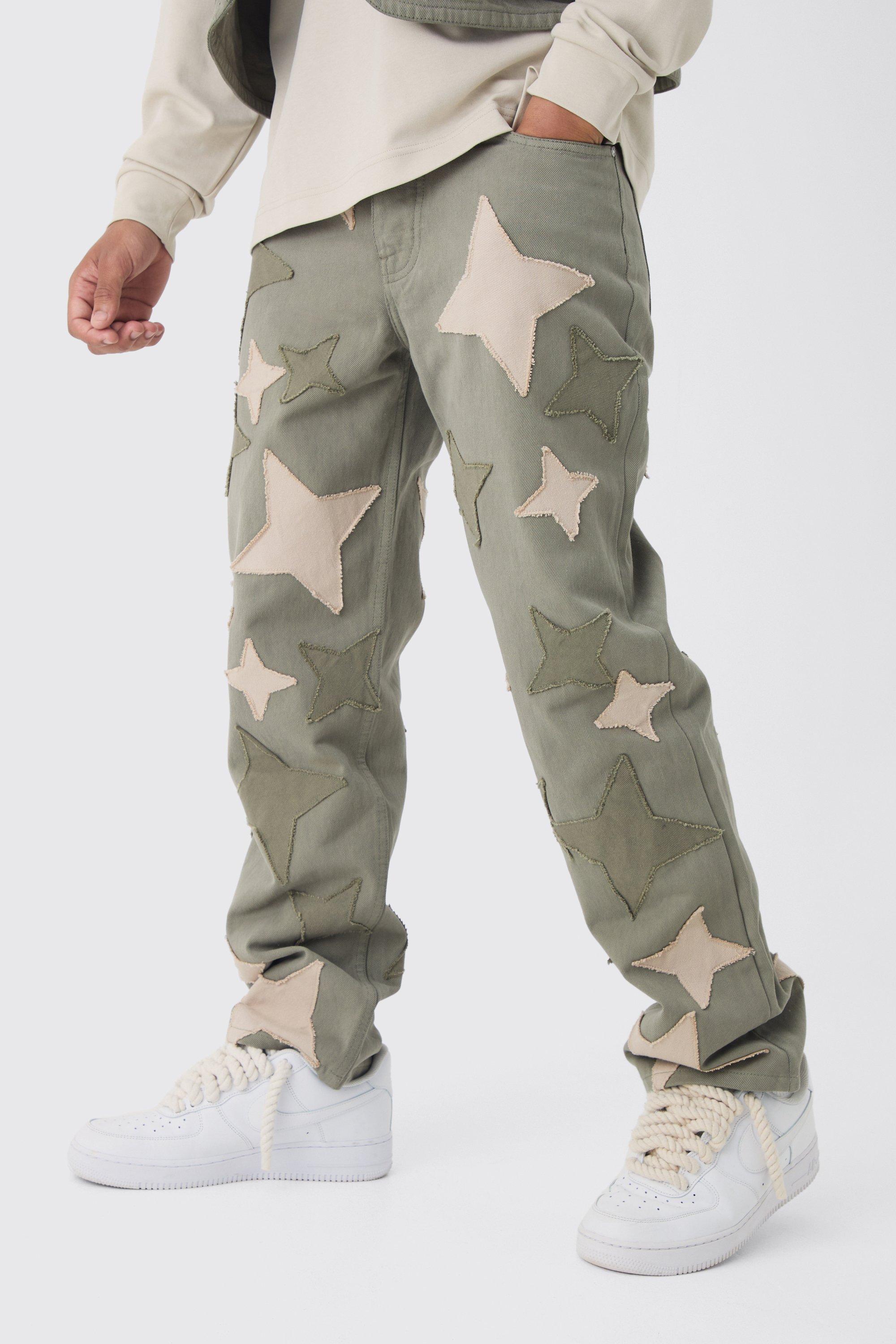 Mens Green Relaxed Fit Star Patchwork Applique Jeans, Green