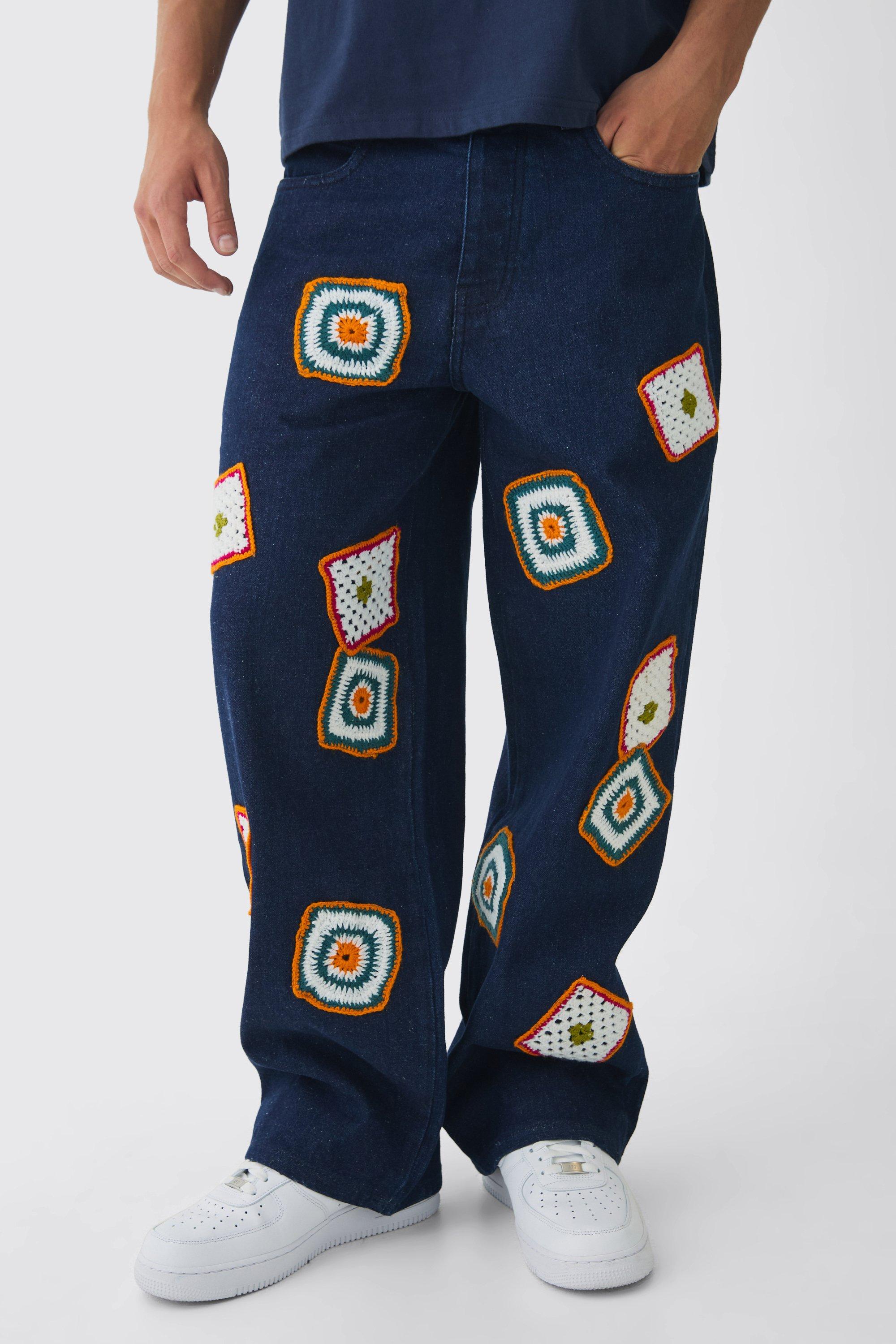 Mens Blue Baggy Fit Crochet Denim Jeans, Blue