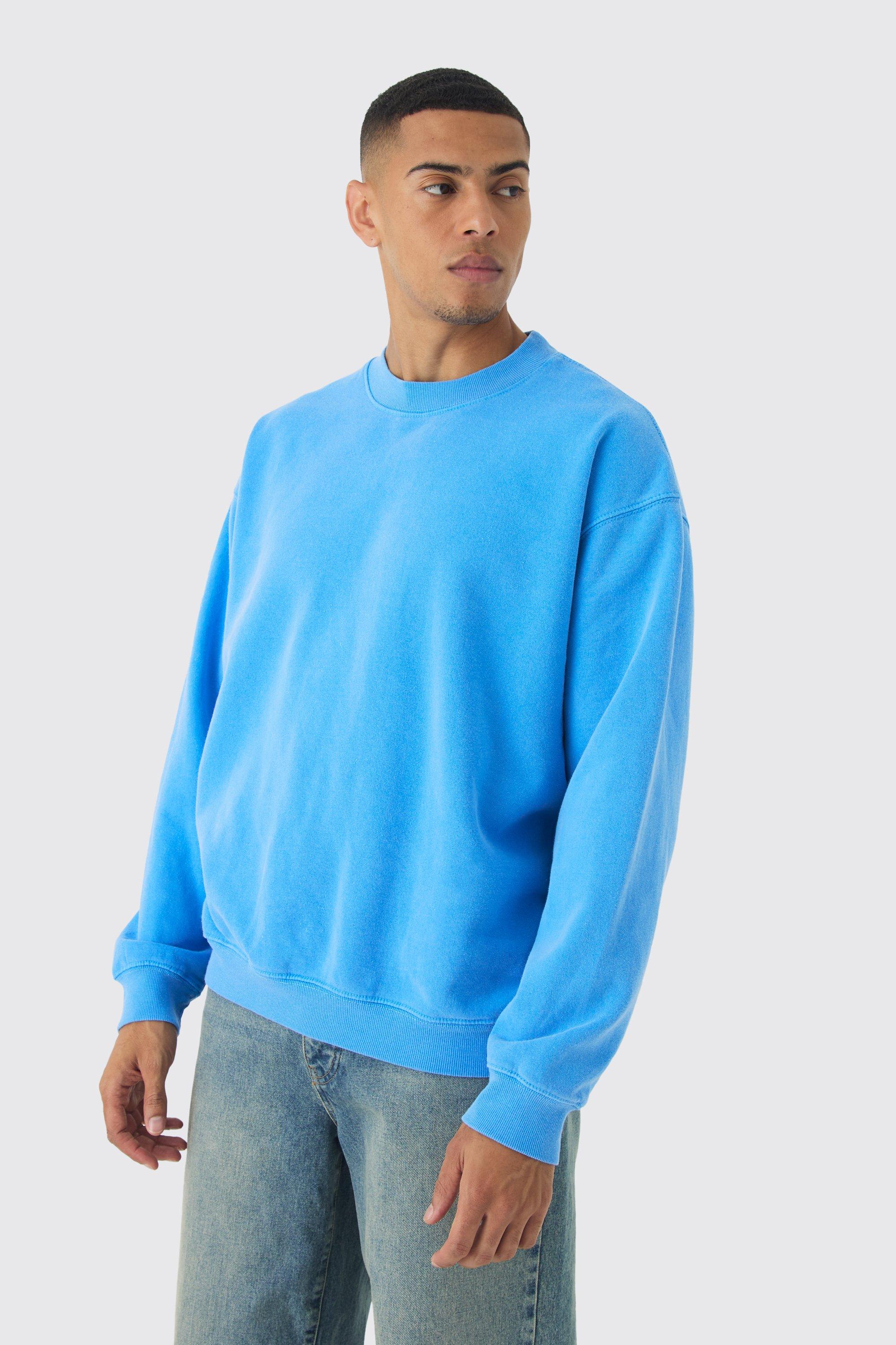 Mens Blue Oversized Extended Neck Washed Sweatshirt, Blue