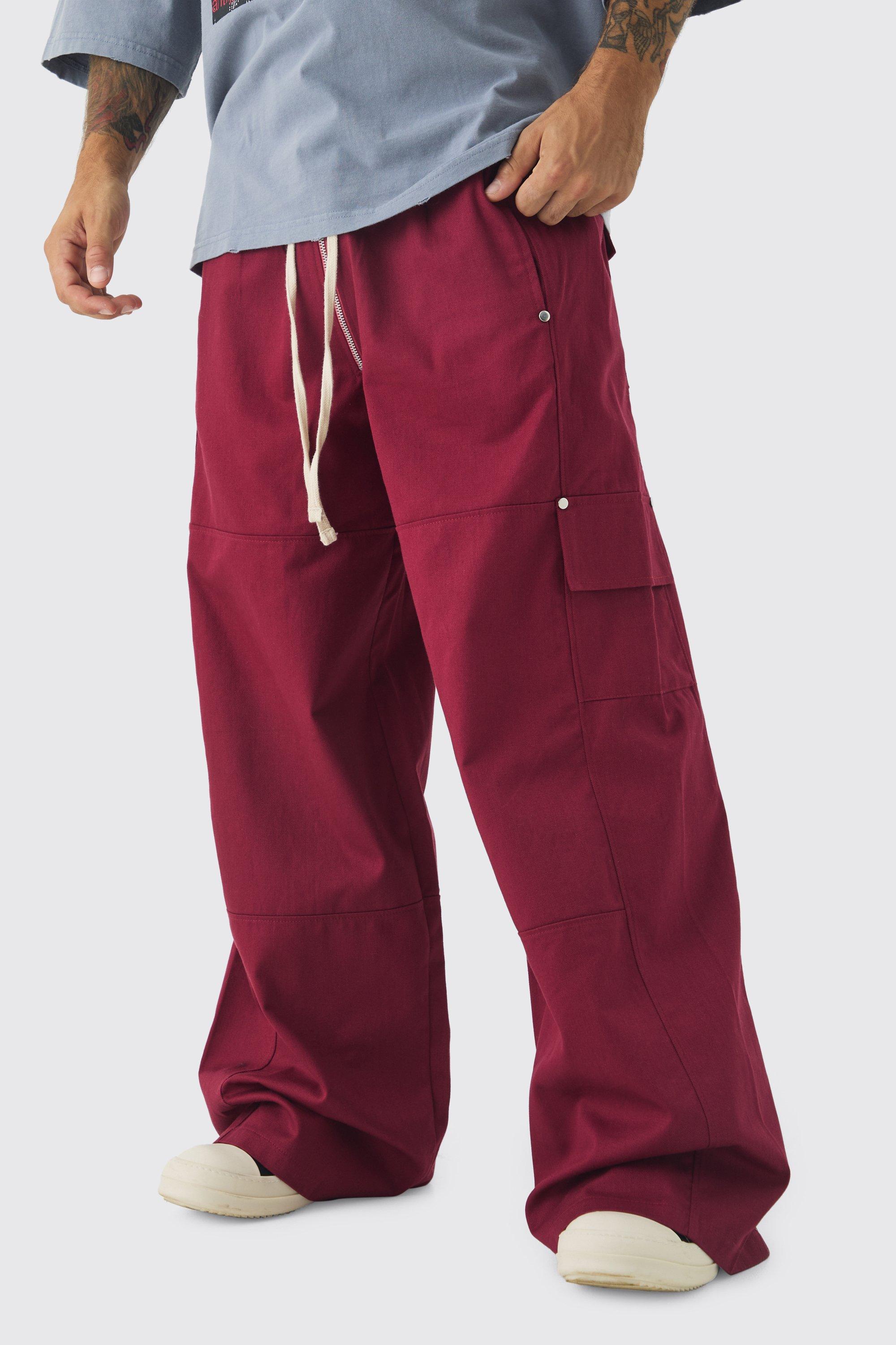 Boohoo Elasticated Waist Baggy Fit Heavy Twill Extended Drawcord Cargo Pants, Red