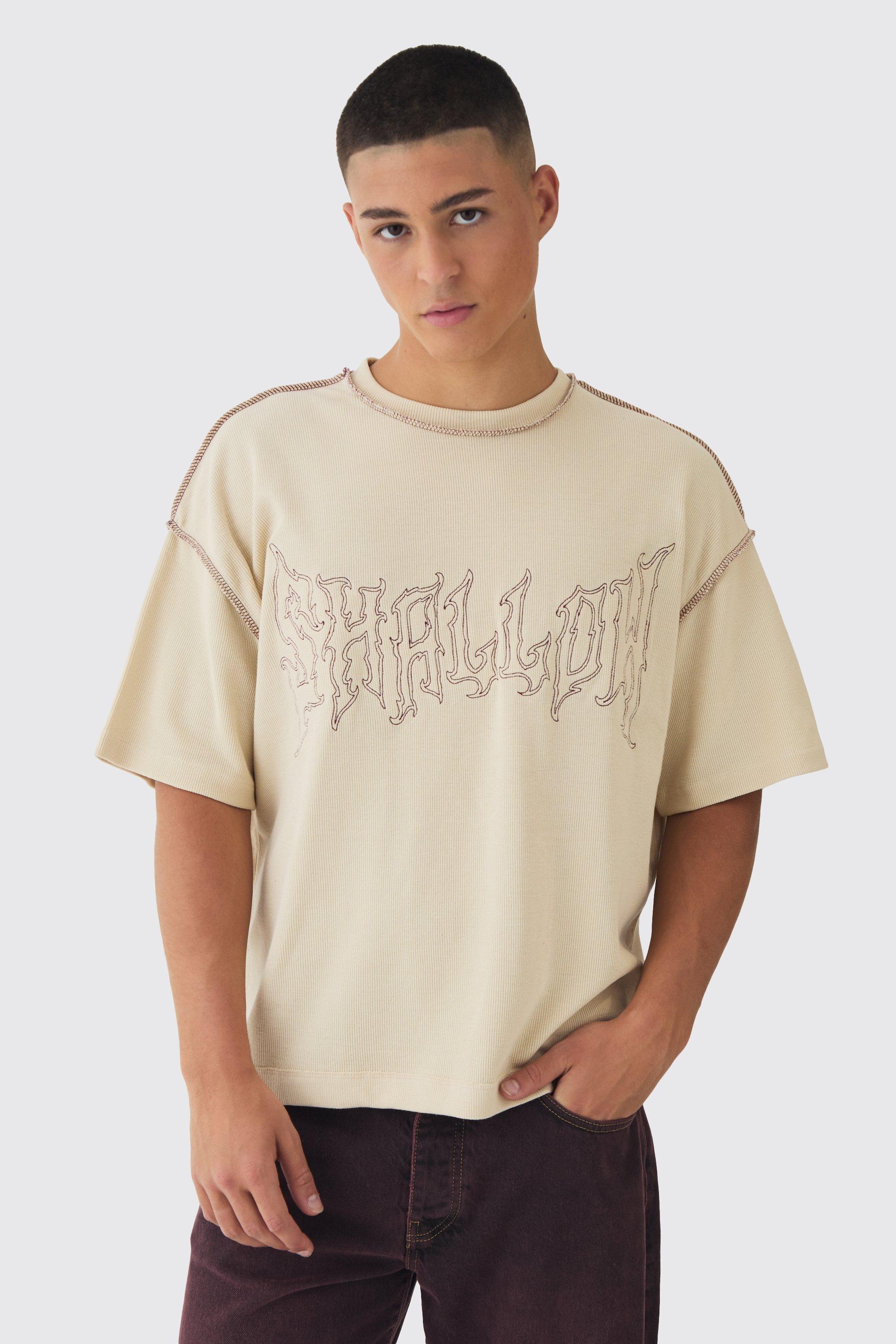 T-shirt squadrata oversize con cuciture a contrasto e ricami a nido d'ape, Beige