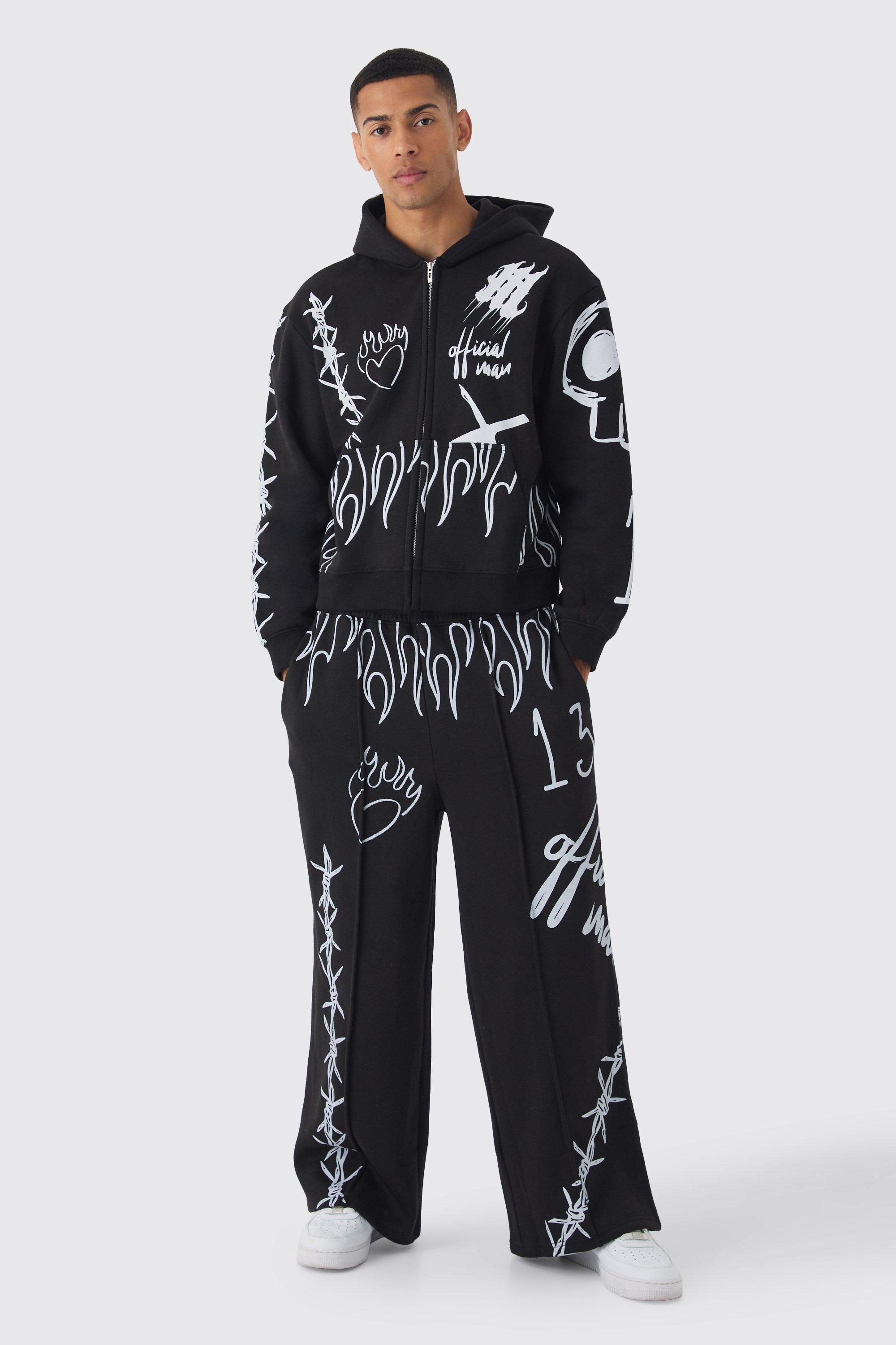 Tuta sportiva squadrata oversize con stampa Graffiti all over e zip, Nero