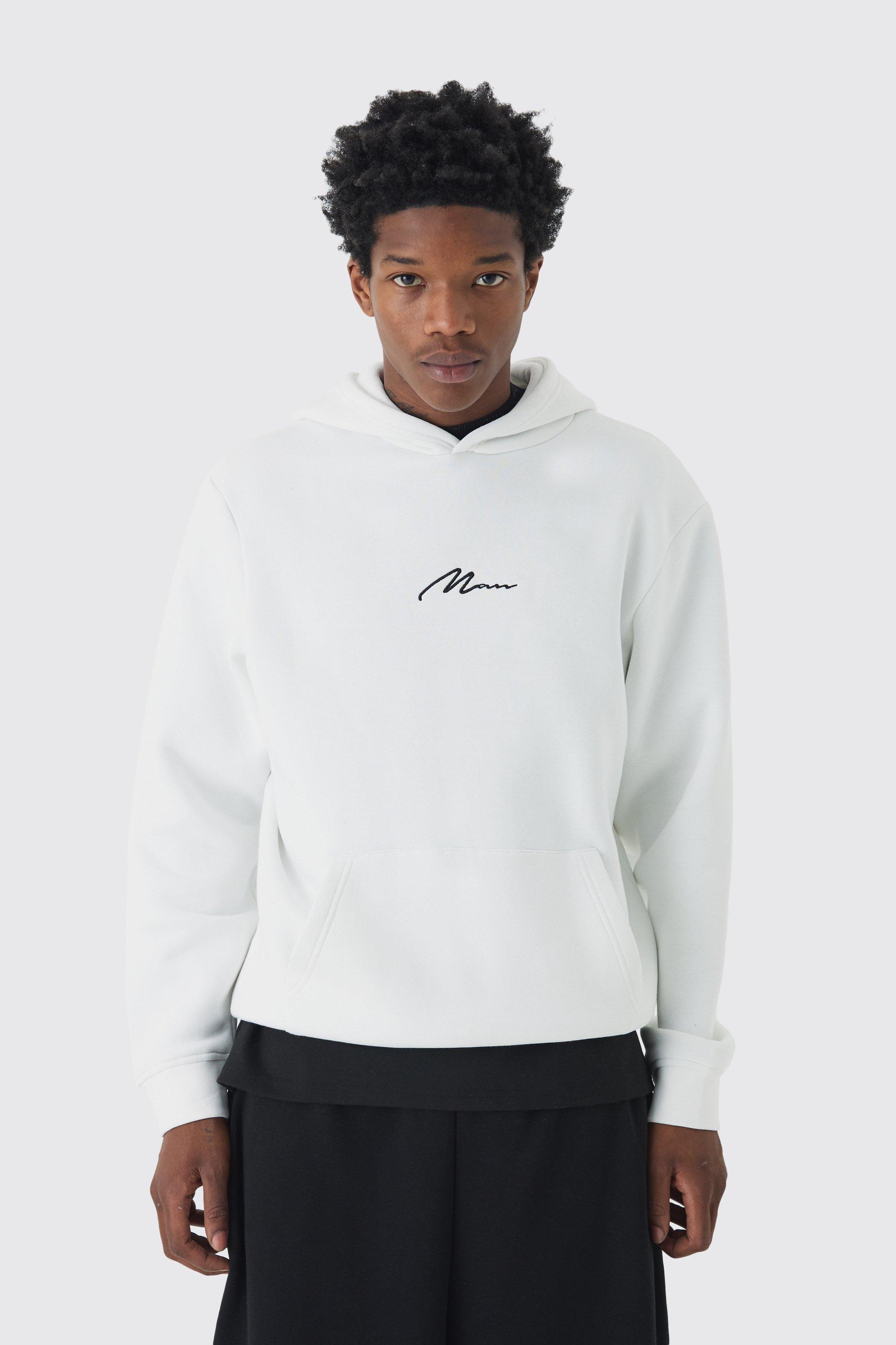 Mens White 330GSM Man Signature Over The Head Hoodie, White