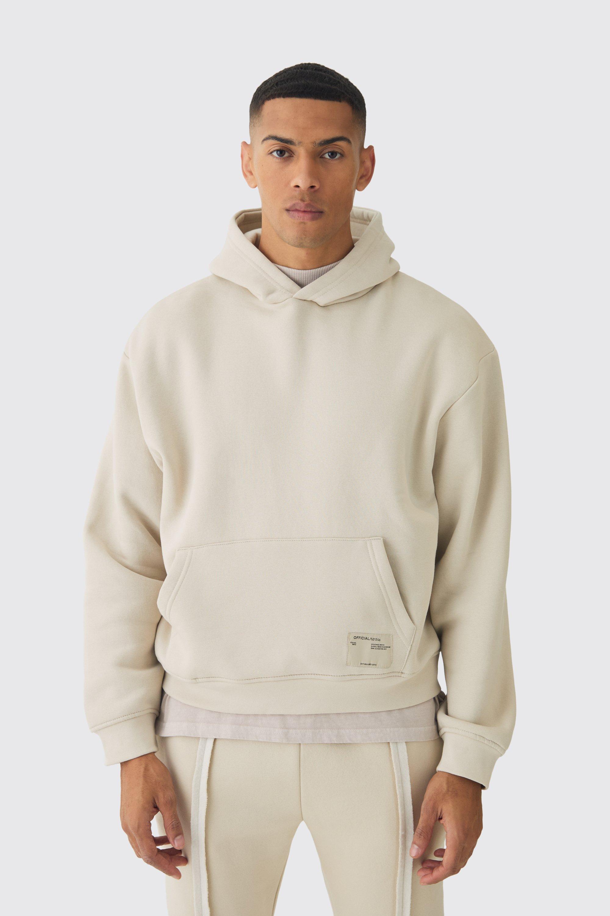 Mens Beige 330GSM Oversized Boxy Over The Head Hoodie With Woven Branding, Beige