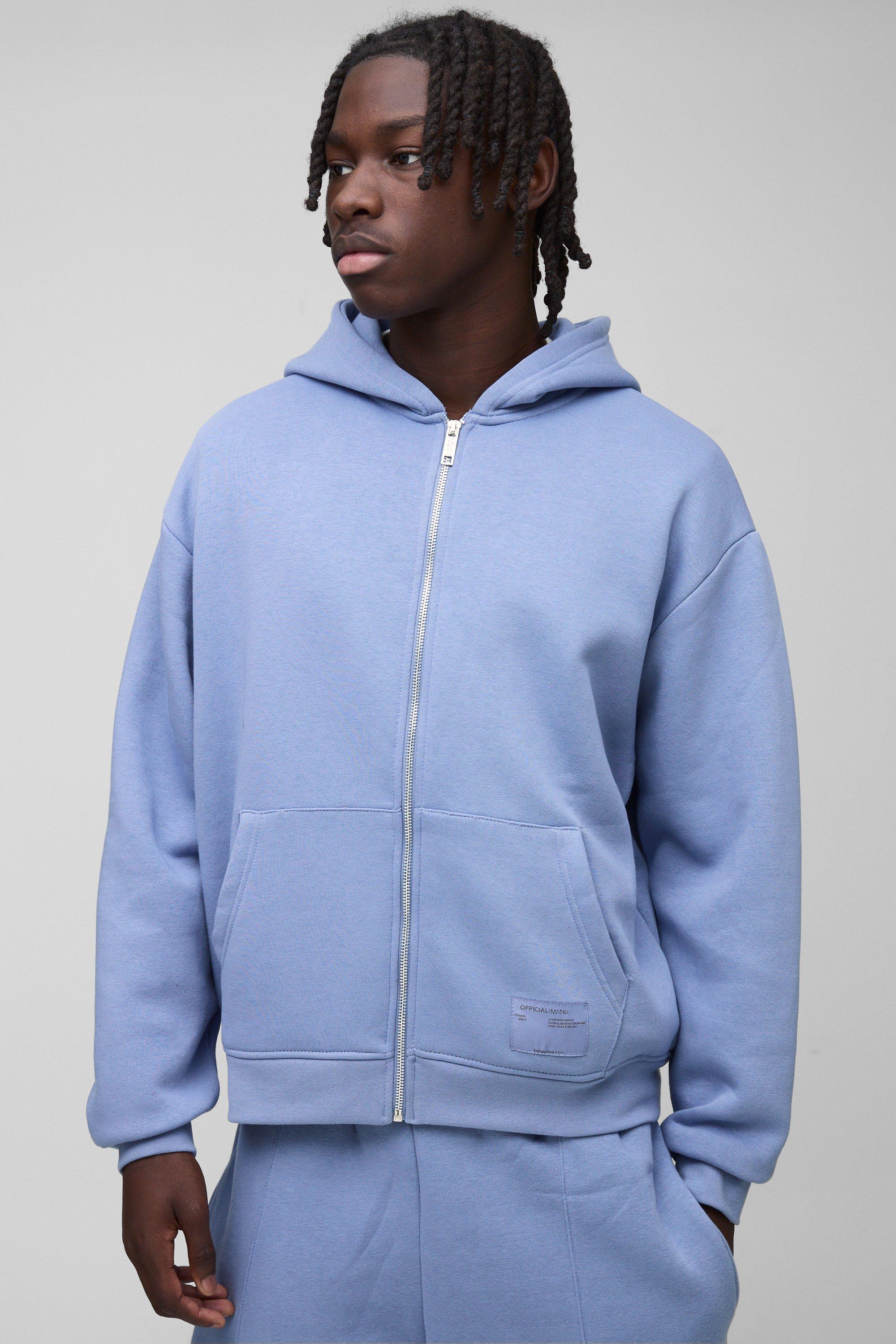 Felpa squadrata oversize con zip, logo in tessuto e cappuccio, Azzurro